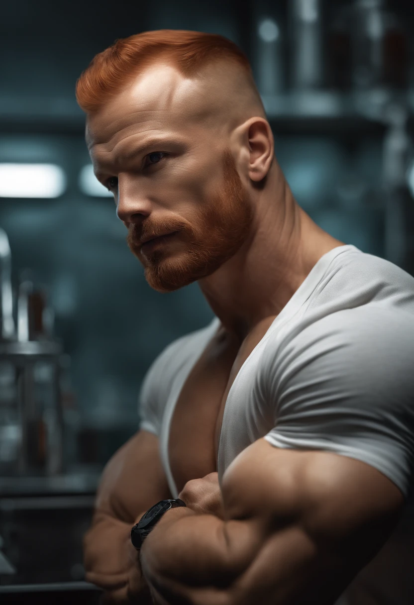 Freddie Ljungberg, (Muscle: 1.5), Iconic red hair, Chemistry Laboratory, retrato, trending in cgsociety, intrincado, High detail, foco nítido, Dramatic, Arte de pintura realista