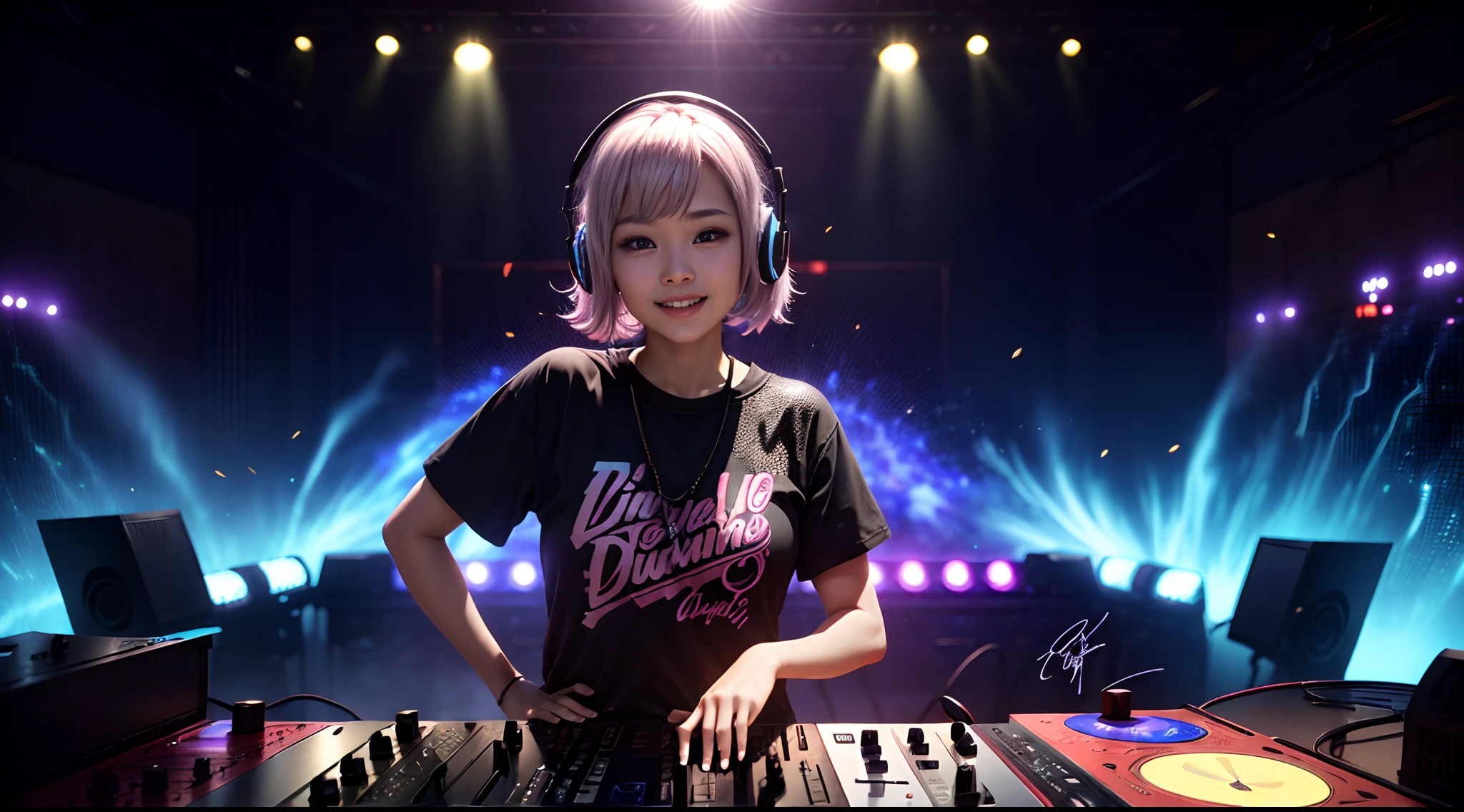 (ultra - detailed, 16K resolution, Cinema lenses，rendering by octane),A young chick woman，Has straight white and pink hair, Wearing silver DJ headphones, Shiny silver sequined T-shirt, (Signature hip-hop pop outfit:1.3), Smile while DJing on stage.Standing in front of the DJ equipment Full body shot, The spotlight shines on the female DJ. Realistic style photography by Disco Lighting
等待开始