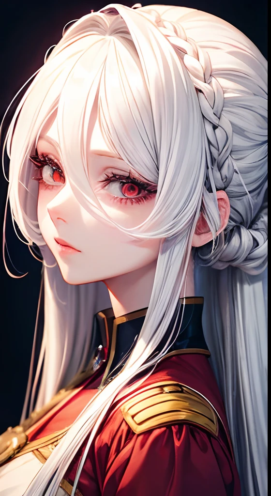 elegant girl with white hair and , side view, long eyelashes, [[[[cold face]]]] ((red)) baggy eyes, (anime girl), detailed portrait of anime girl, royalty, no background