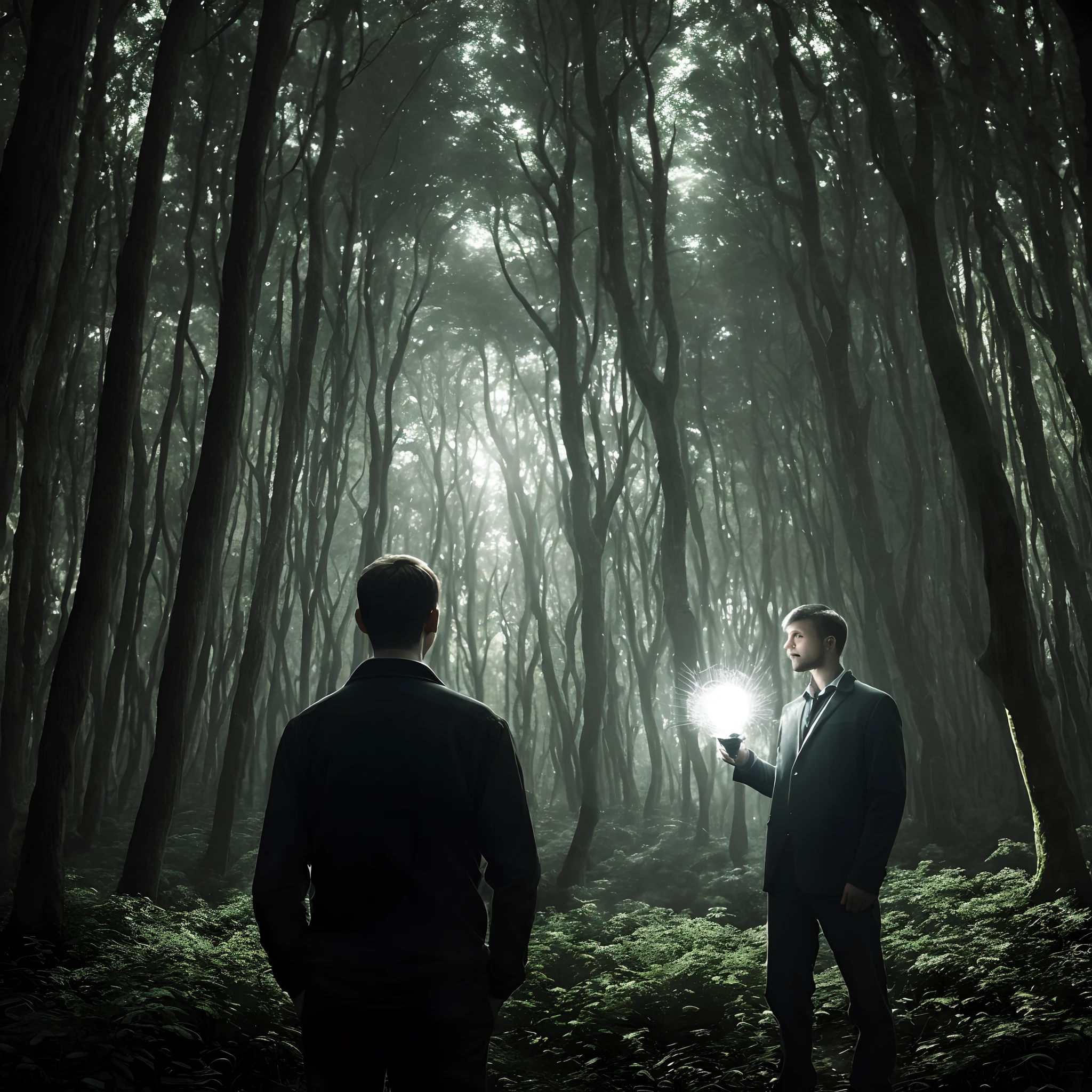 In a dark forest，A man holds a ball of light that emits a shimmering light in both hands，The ball of light illuminated the man's front and surroundings