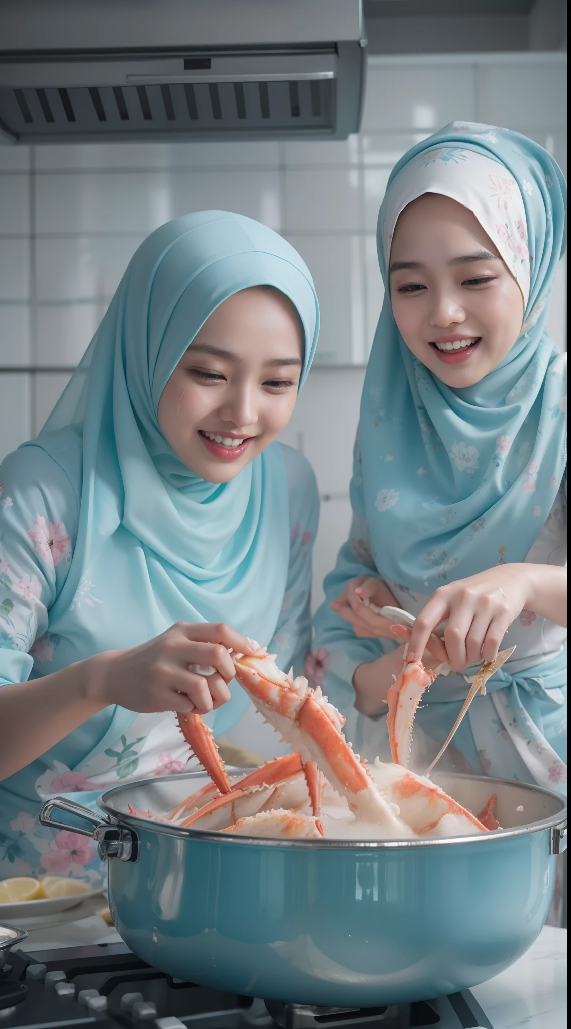 2 beautiful malay girl in pastel color hijab cooking very big king crab, wear pastel blue and white floral pattern baju kurung, lively moving king crab, shock, funny and clumsy situation, laughing, happy, messy kitchen, wet kitchen and cloth, detailed skin texture, soft lighting, pastel color theme, high quality, movie shot framing, ultra detail, 8k,