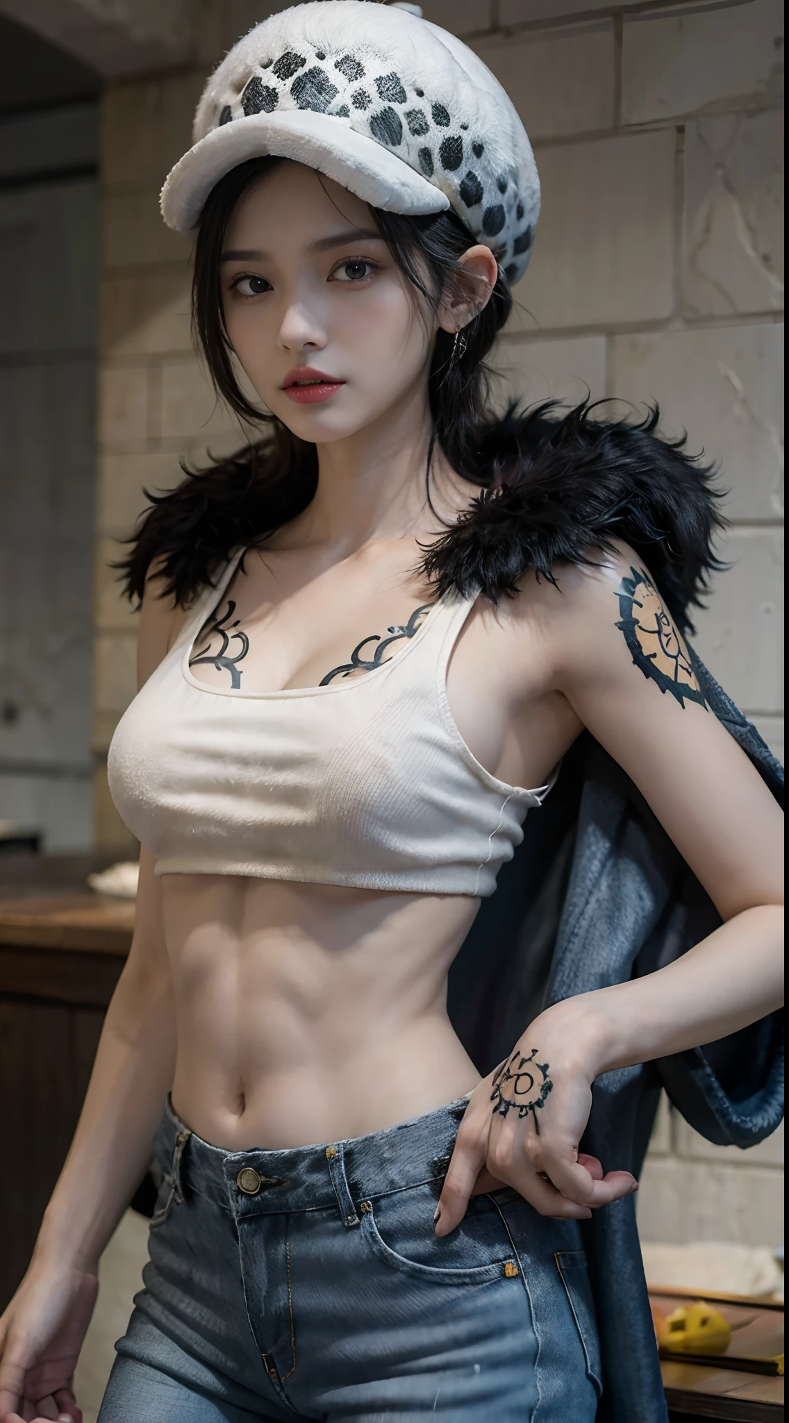 masterpiece, best quality, 8k,highestres, absurdres, extremely detailed, female trafalgar law, 1girl, 1sword, solo, looking at viewer, short hair, medium breasts, hat, navel, cleavage, collarbone, earrings, midriff, pants, coat, fur trim, denim, jeans, shoulder tattoo, hand tattoo, finger tattoo, black fur-trimmed coat, coat on shoulders, yellow tank top,///,