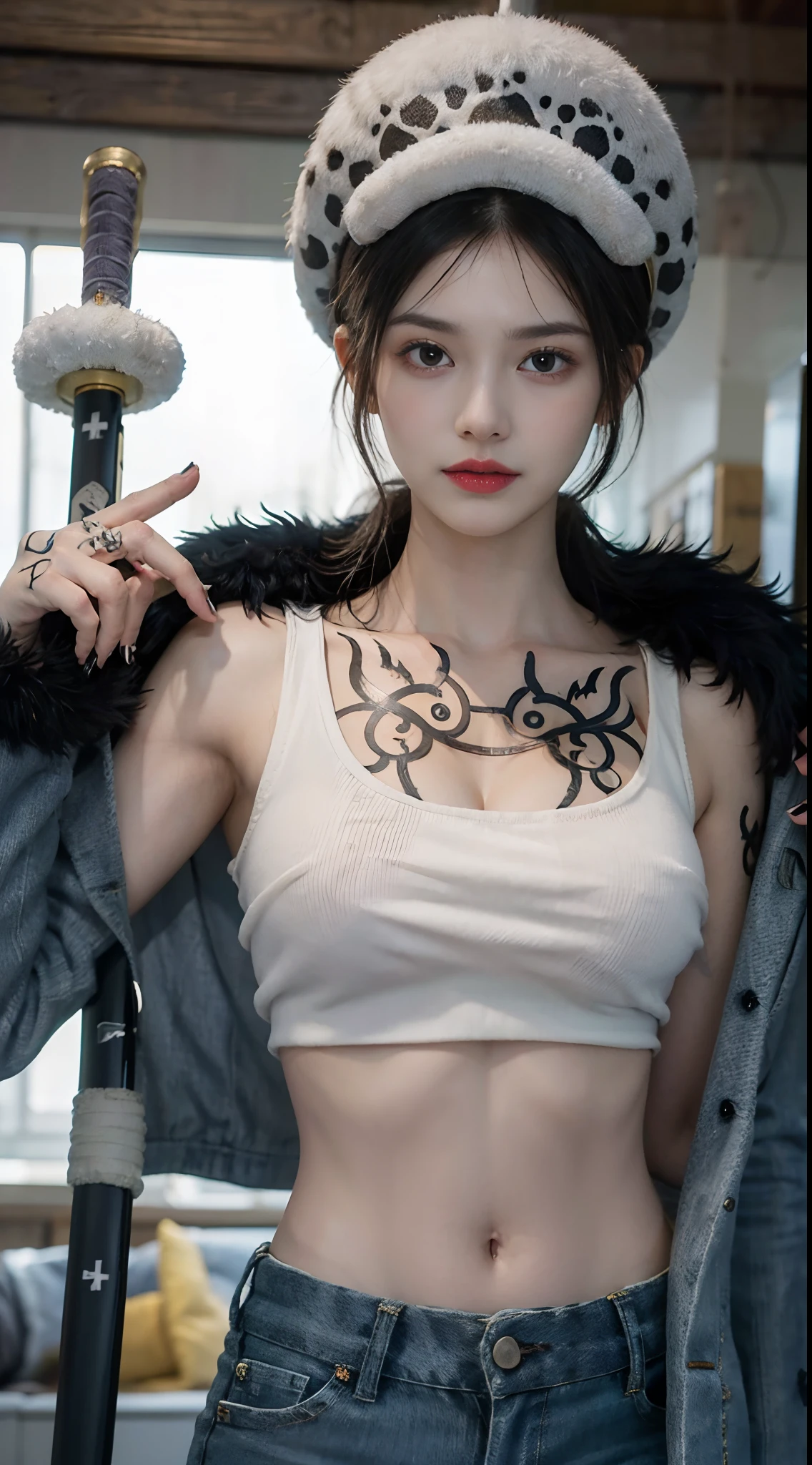 masterpiece, best quality, 8k,highestres, absurdres, extremely detailed, female trafalgar law, 1girl, 1sword, solo, looking at viewer, short hair, medium breasts, hat, navel, cleavage, collarbone, earrings, midriff, pants, coat, fur trim, denim, jeans, shoulder tattoo, hand tattoo, finger tattoo, black fur-trimmed coat, coat on shoulders, yellow tank top,///,
