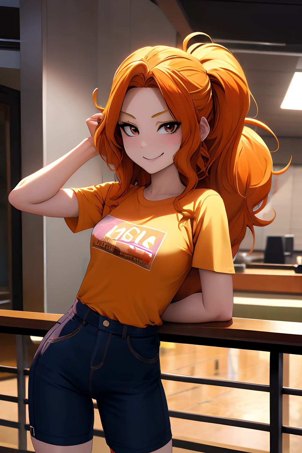 mlpdazzle, orange hair, (part time worker costume, spike, sun cap, fast food restaurant, cache register), jewelry, smile, lean forward, thin body, Thin leg, (Best Quality,4k,8K,high resolucion,Masterpiece:1.2),Ultra-detailed,realisitic:1.37,Vivid colors,studio lit, disheveled hair, messy hair