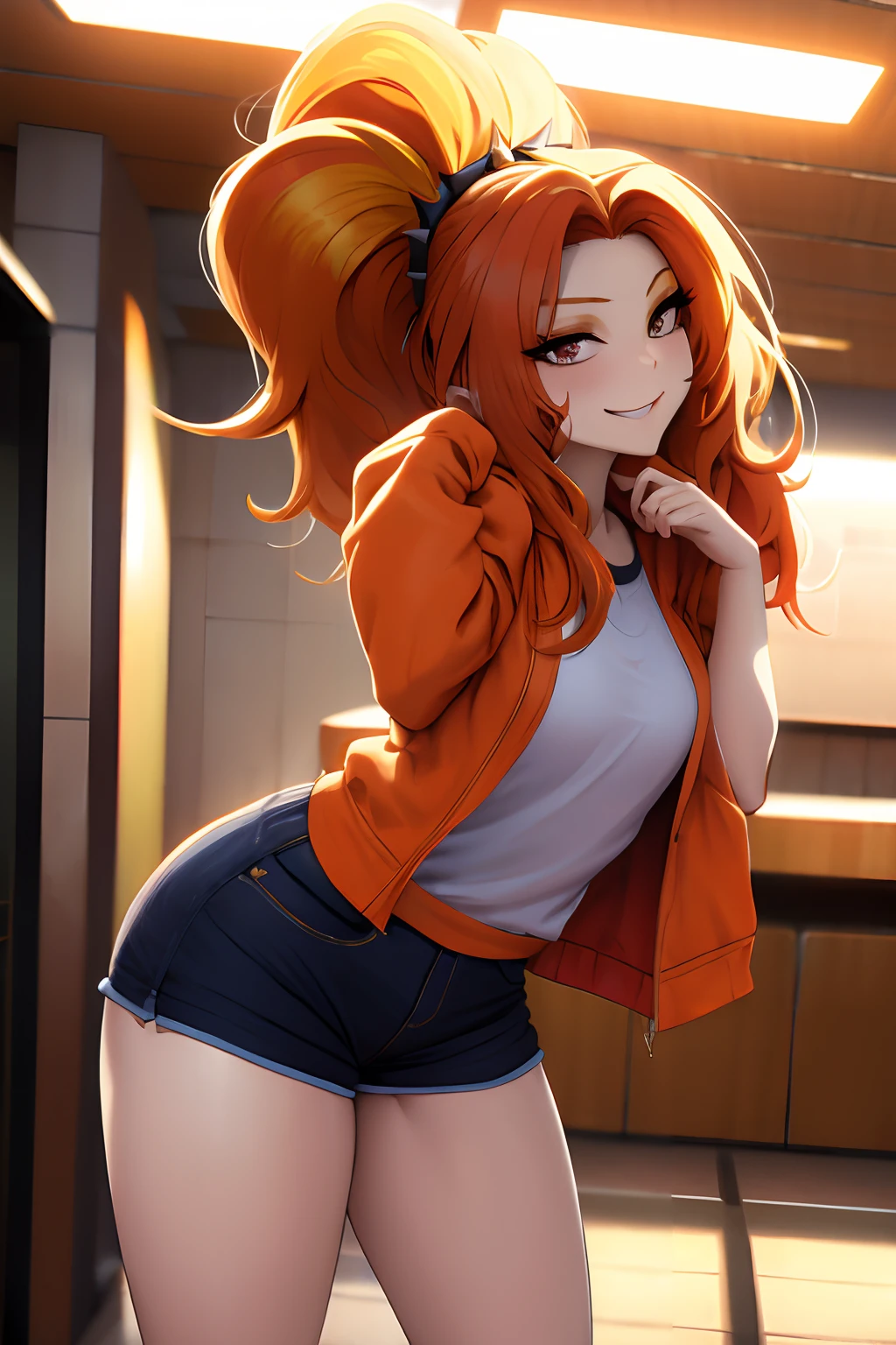 mlpdazzle, orange hair, (part time worker costume, spike, sun cap, fast food restaurant, cache register), jewelry, smile, lean forward, thin body, Thin leg, (Best Quality,4k,8K,high resolucion,Masterpiece:1.2),Ultra-detailed,realisitic:1.37,Vivid colors,studio lit, disheveled hair, messy hair