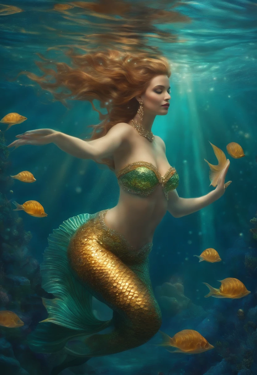 A mermaid dancing with grace in the depths of the ocean, Surrounded by shimmering pearls, In your underwater kingdom, Your heart filled with hope and your radiance is the light that guides your path."
