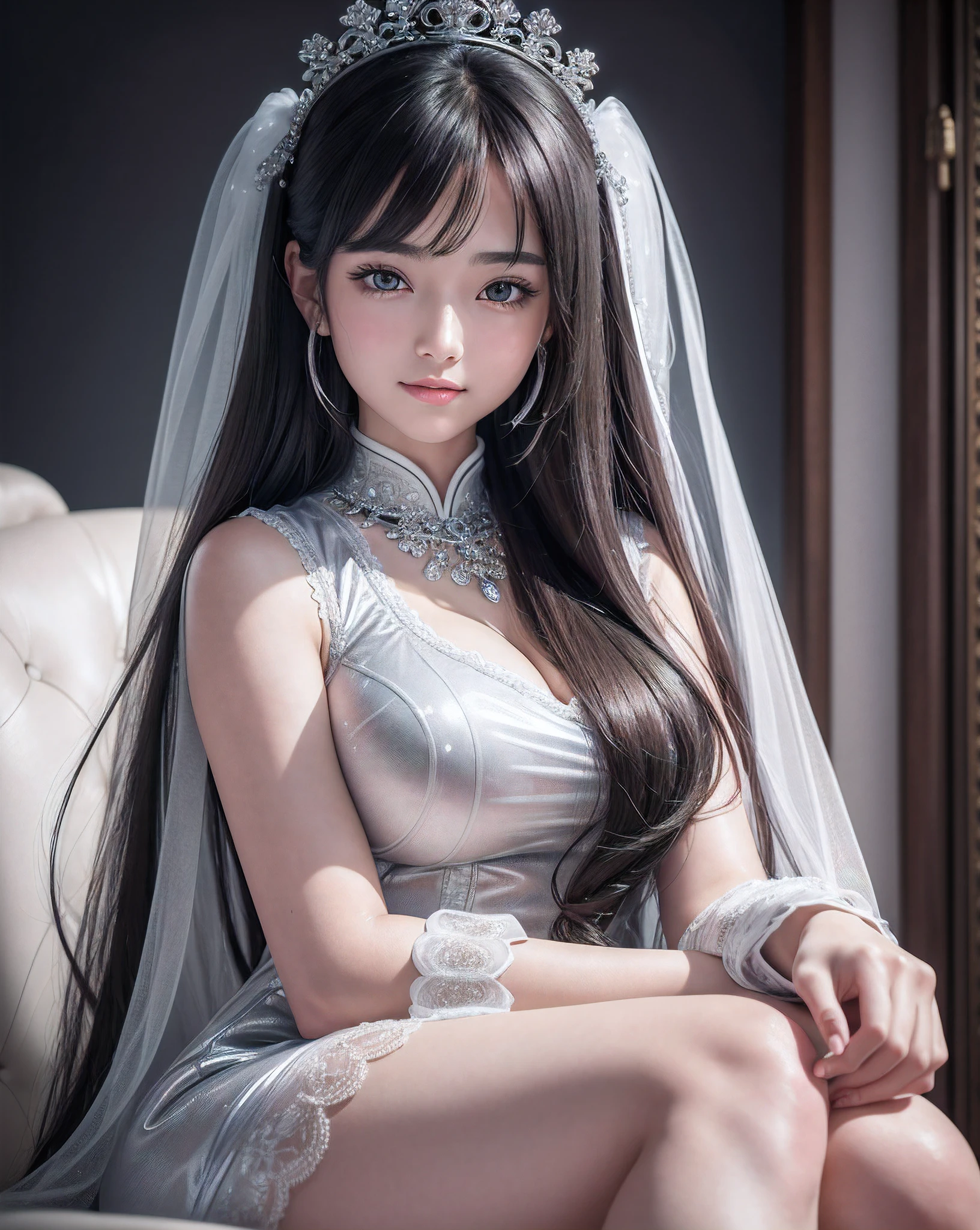 (Raw photo: 1.2), top-quality,Beautiful detailed girl,Silver see-through dress,Milk transparency,Milk transparency, Smile, Young woman with dark hair, twin-tail hair, Highly detailed eyes and face, Beautiful detailed eyes,with round face,japanes,goddess of Japan,Huge file size, High resolution, High resolution, 8K, Fine detail, Highly detailed ticker uniform 8K wallpaper, Light on Face, Movie Lighting, 16 year old girl, Sexy Pose, (Photorealism: 1.4), Illustration,surrealism,From below, Super Detail, masutepiece,Luxurious Royal Palace,sitting in a throne,Colossal tits,Blur the background