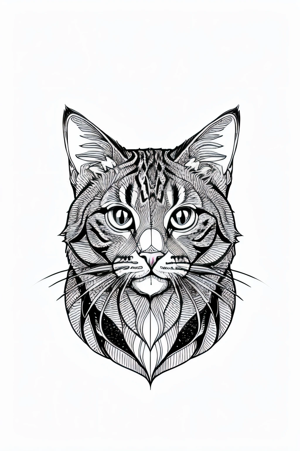 Coloring cat page for adults, bold lines, dark lines,cat face, symmetrical, white background, clean line art, fine line art