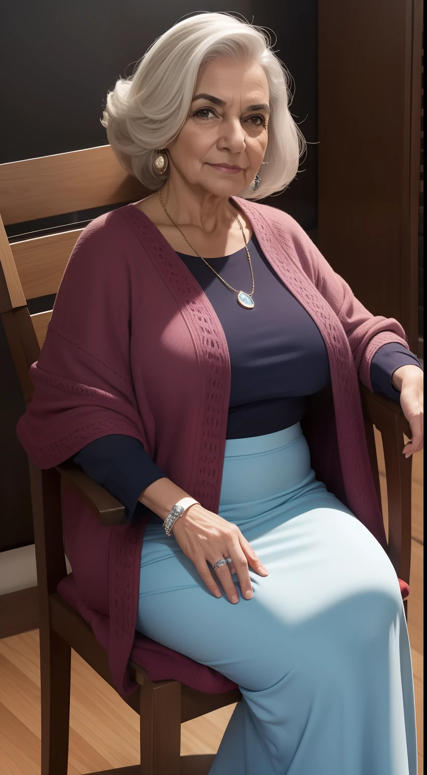 mulher velha 70 anos, cabelos grisalho e amarrado em coque, woolen clothing, Is holding a glass of milk, olhar de brava, sentada em uma cadeira em uma sala, Assento em uma cadeira, in a comfortable chair, sentado na cadeira de designer, sentado em uma poltrona, sentado em uma poltrona