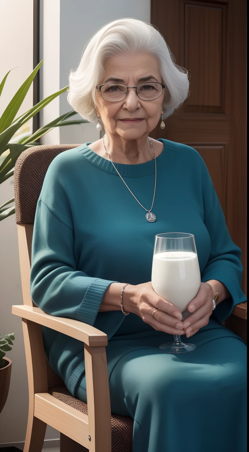 mulher velha 70 anos, cabelos grisalho e amarrado em coque, woolen clothing, Is holding a glass of milk, sentada em uma cadeira em uma sala, Assento em uma cadeira, in a comfortable chair, sentado na cadeira de designer, sentado em uma poltrona, sentado em uma poltrona