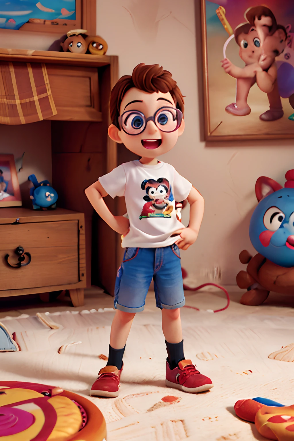 a 3d pixar disney style movie poster with a happy 3y.o boy wearing glasses playing playstation in your room.