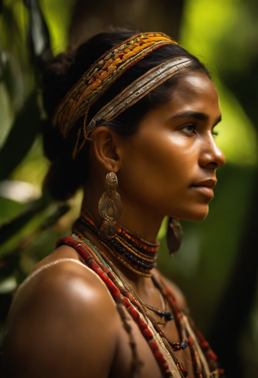 A 22-year-old indigenous Brazilian, Dark, short hair, Sur la photo, from the shoulders upwards .Il est distrait, de profil, Face-turned, regardant la jungle amazonienne dense devant lui. Colorful Jungle,Their expression reflects curiosity and contemplation. Un paysage tout autour est luxuriant et vibrant , with different colors of leaves and plants. Golden sunlight penetrates through the trees, Create Shadow Patterns and Improve Leaf Texture. The indigenous person wears traditional tribal clothing, Decorated with natural elements, such as feathers and plant fibers. The image is very detailed, with 8K resolution and sharp focus on the native's face and surrounding vegetation, Capturing the magical atmosphere of the young man and his connection to the Amazon rainforest."
