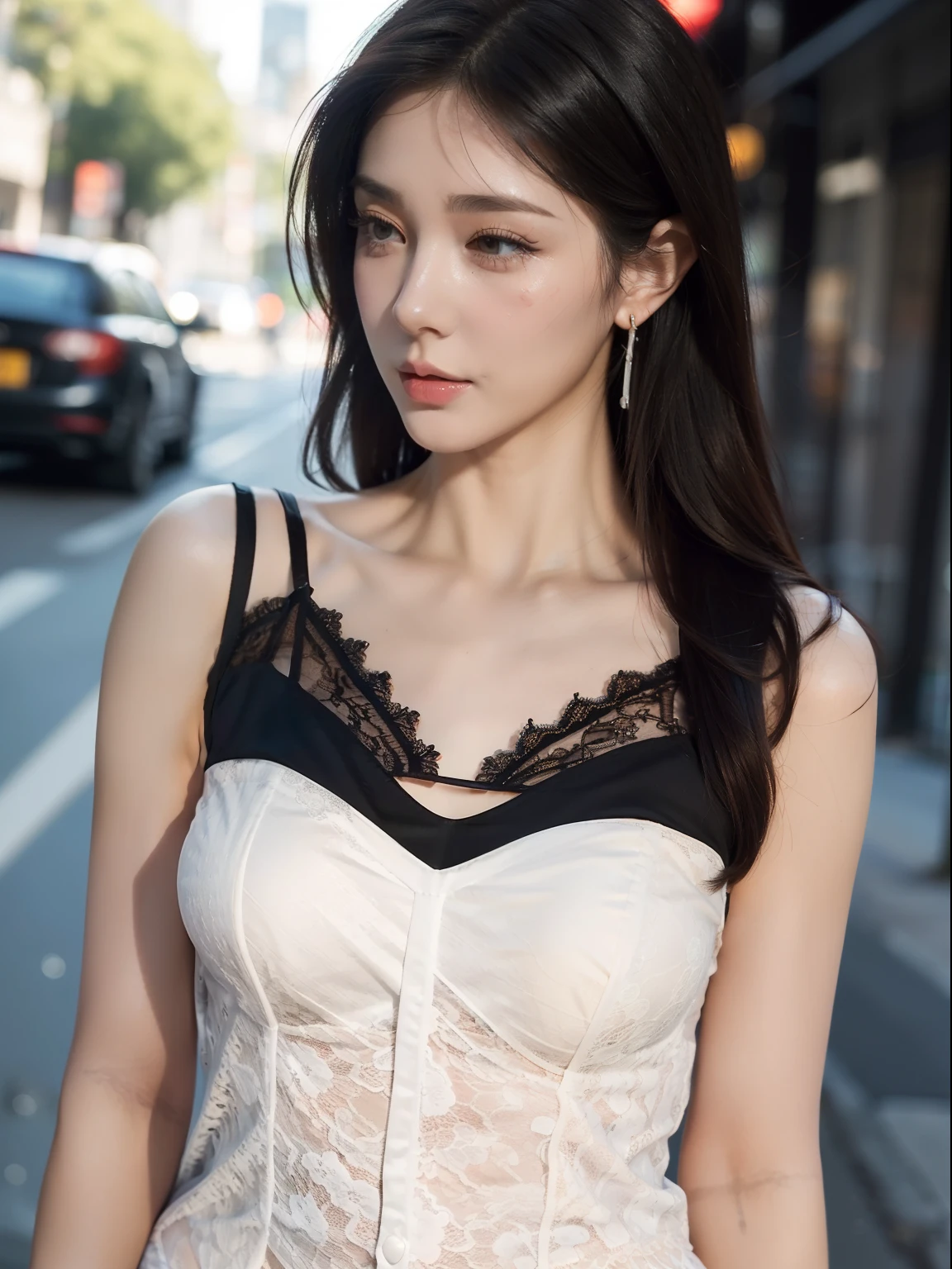 Photos of the upper body of beautiful women, Fiddling with your phone in the middle of the street, [See-through](Short lace camisole vest:1.47), natural breast, Medium breasts, (Narrow waist, Perfect body curve), earring, Sharp focus, (Tall body, Adult woman), ((look far away)), (highdetailskin, skin pore:1.4)