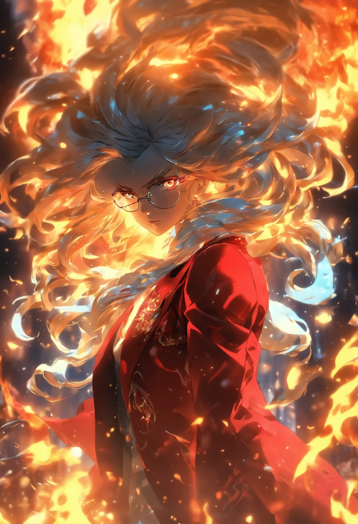 animemanga girl，sliver long hair，gold-wire glasses，Indifferent face，Red demon horn，Demon tail，Business suit，White gloves，Ice roses in hand，4K，Optimal image quality，Surrounded by flames and ice