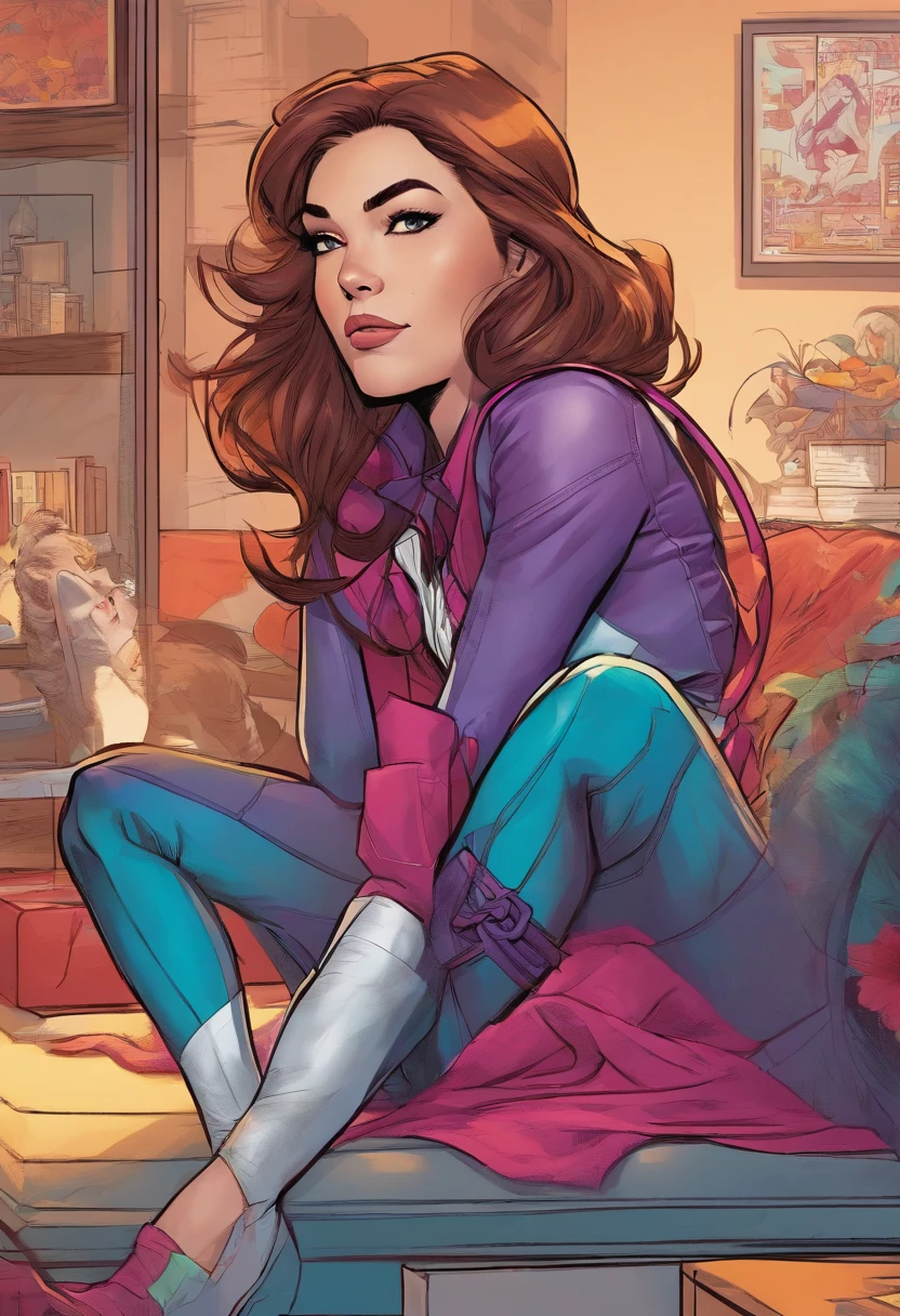 (( Marvel Comic Panel )) Cartoon of a woman with long brown hair sitting on a couch, kate bishop, in style of marvel, ( ( spiderwoman ) ), spider-gwen, spider - gwen, spider - verse art style, gwen stacy, in style of marvel and dc, spider woman, character profile art, inspired by Mary Jane Begin, marvel style, in the style artgerm