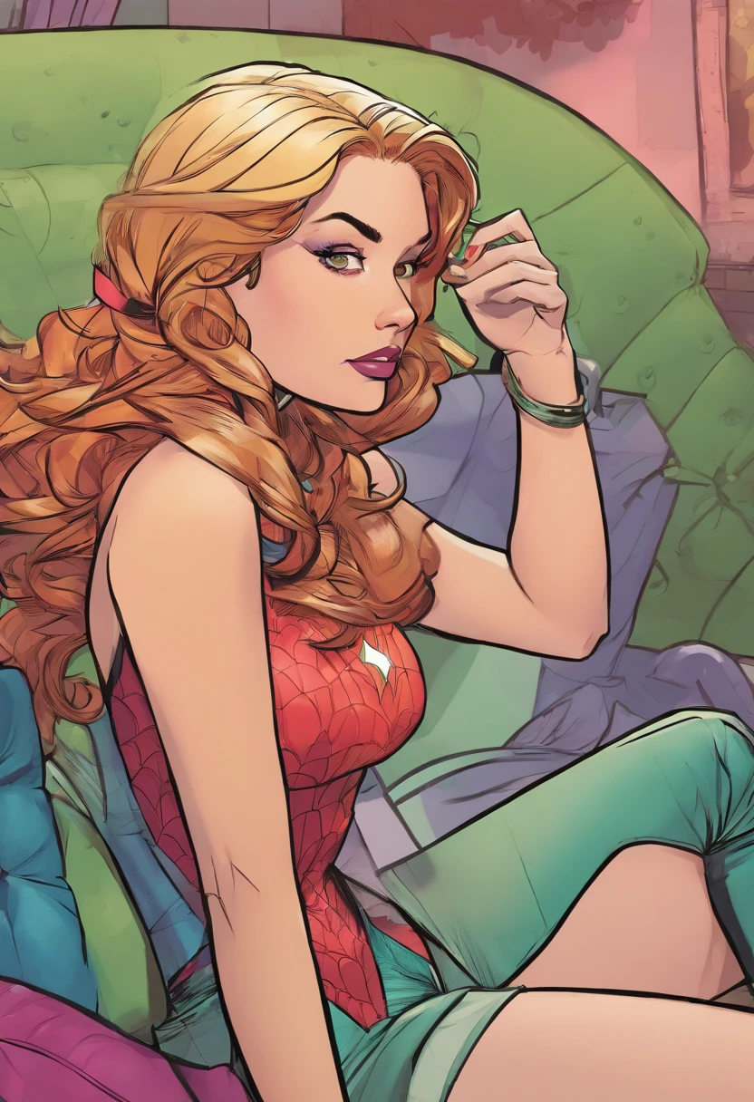 (( Marvel Comic Panel )) Cartoon of a woman with long brown hair sitting on a couch, kate bishop, in style of marvel, ( ( spiderwoman ) ), spider-gwen, spider - gwen, spider - verse art style, gwen stacy, in style of marvel and dc, spider woman, character profile art, inspired by Mary Jane Begin, marvel style, in the style artgerm