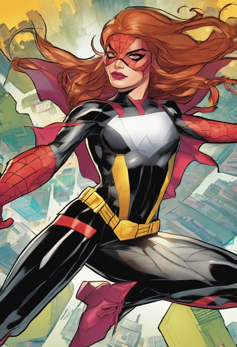 (( Marvel Comic Panel )) Cartoon of a woman with long brown hair sitting on a couch, kate bishop, in style of marvel, ( ( spiderwoman ) ), spider-gwen, spider - gwen, spider - verse art style, gwen stacy, in style of marvel and dc, spider woman, character profile art, inspired by Mary Jane Begin, marvel style, in the style artgerm
