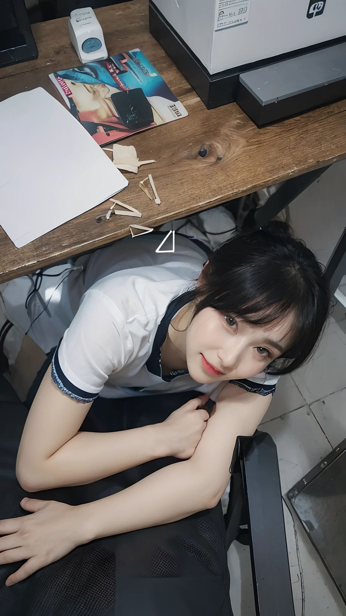 Top quality, Masterpiece, 超高分辨率, (Realistic, : 1.4), Original photo, (True skin texture: 1.3), (filmgrain: 1.3), in a panoramic view, Portrait, Very wide lens, Narrow waist, cowboy lens, (bangs, Inconspicuous, Cold light,) Night, Close-up, Tears, Short hair, neck long, ears sticking out, bangs, Big eyes, Brightly Colored Eyes, In the house, Dust, Tindall effect, (Facial expression), Sitting, (hitting a wall), Crying, Frowning, (Looking down), Nervousness, Tears, smiling happily
one girl, eyes and face with beautiful details, White jabot, pink dark V, Brown eyes,