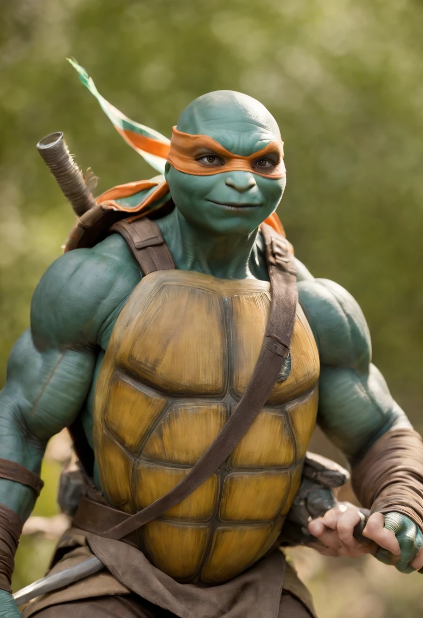 full length of perfect Leonardo from ninja turtles movie 2014 with his 2 sowrds, Photography, shot with a Sony Alpha a7 III, f/2.2, ISO 140, vibrant colors, --ar 4:5 --v 5.2 --s 750 --style raw, perfect eyes, skin blemish, detailed skin, maximum detail possible, HDR, 8K Ultra HD, super crisp detaile.