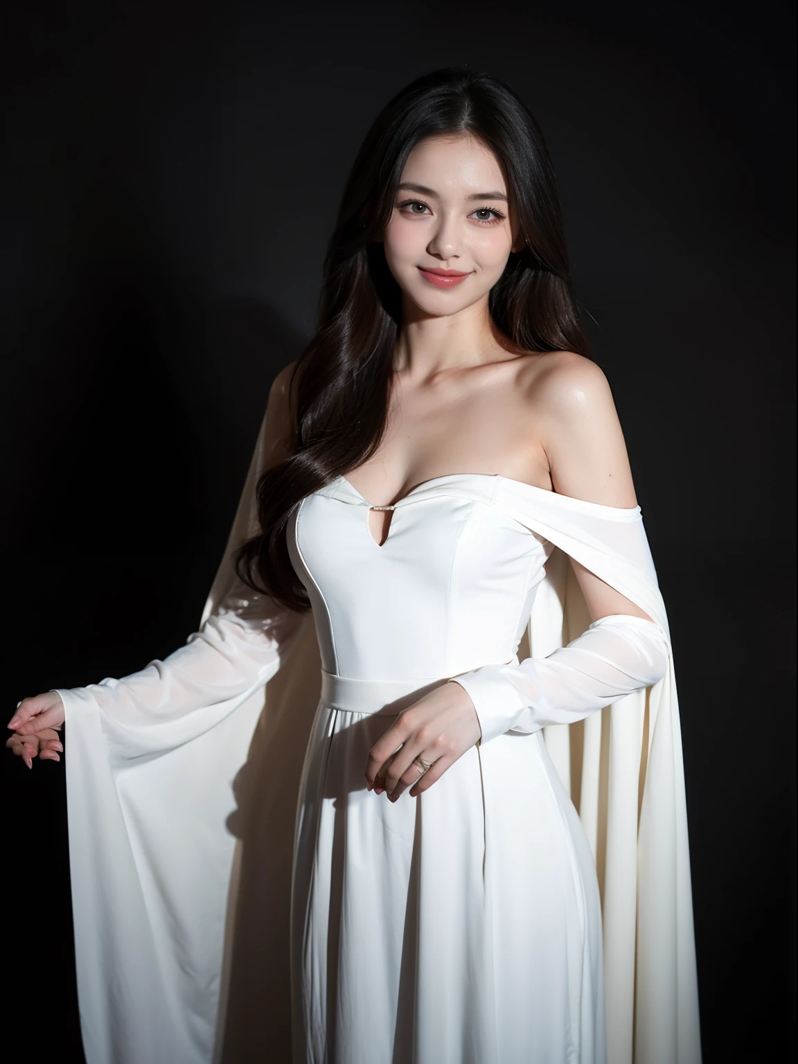 Masterpiece, Best quality, Julia Fey, 1girll, Solo, Long hair, view the viewer, Blush, Smile, Negative space, (with light glowing:1.2), Darkness, Dark background, Long sleeves, dress, Bare shoulders, Medium breasts, Very long hair, Wide sleeves, Cape, White dress, circle of the crone