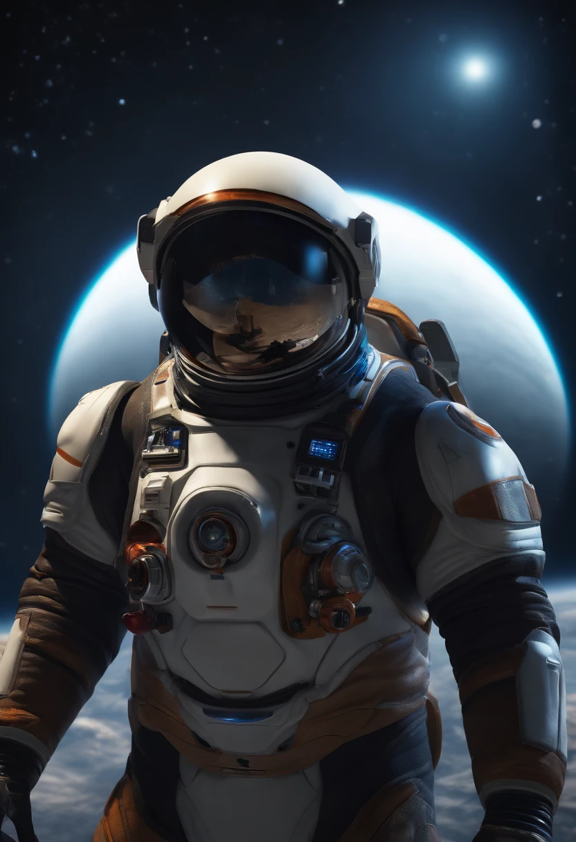 (best quality, highres, masterpiece:1.2), ultra-detailed, realistic:1.37, HDR, UHD, studio lighting, extreme detail description, professional, vivid colors, bokeh, portraits, space suit, oval face, spaceship, Indian man, smiling, dark colors