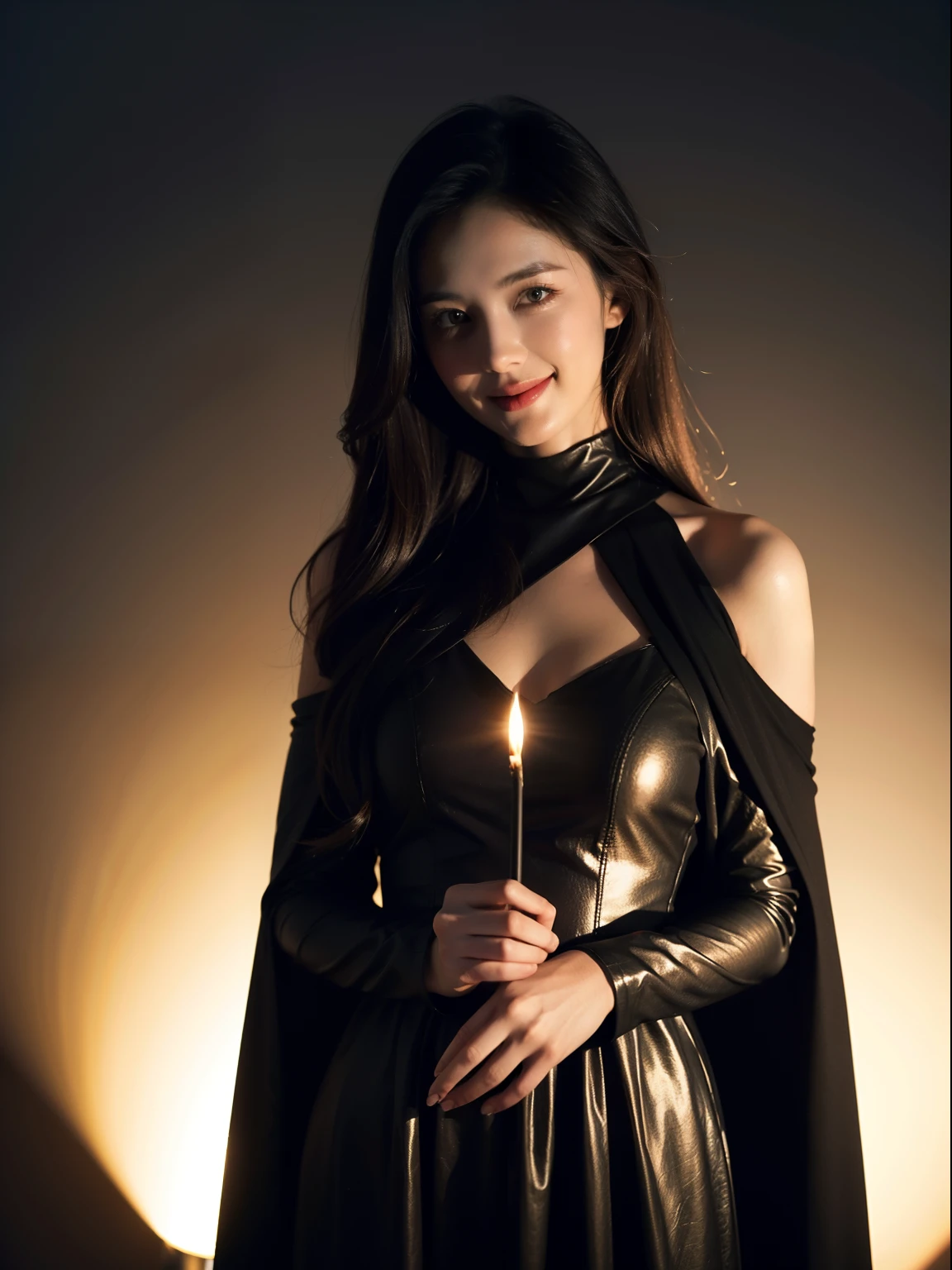 Masterpiece, Best quality, Julia Fey, 1girll, Solo, Long hair, view the viewer, Blush, Smile, Negative space, (with light glowing:1.2), Darkness, Dark background, Long sleeves, dress, Bare shoulders, Medium breasts, Very long hair, Wide sleeves, Cape, White dress, circle of the crone
