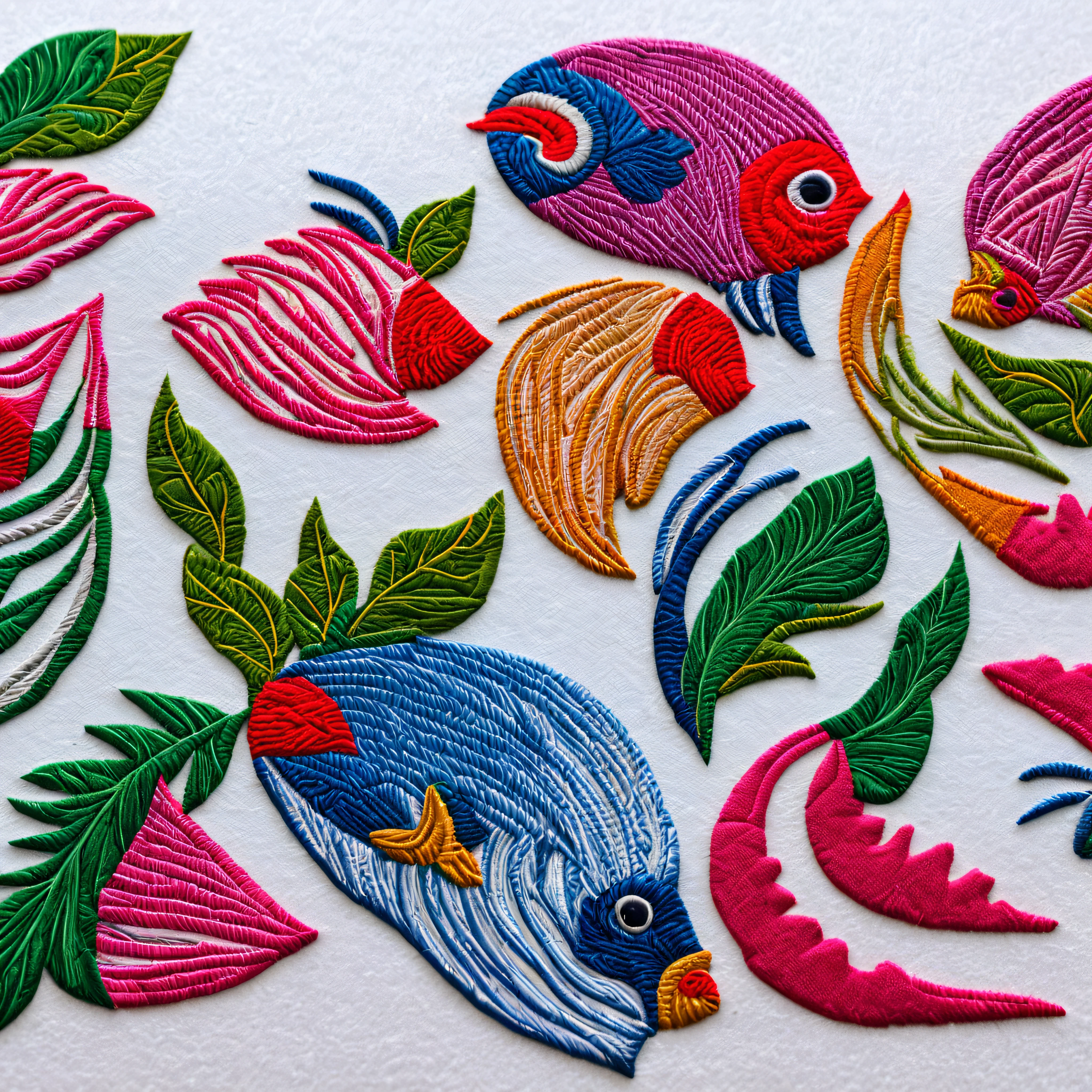 pink, red, green, blue, art deco cuna mola embroidery angel butterfly fish, clown fish, hedgehog fish, fighting fish, heniochus fish, white background