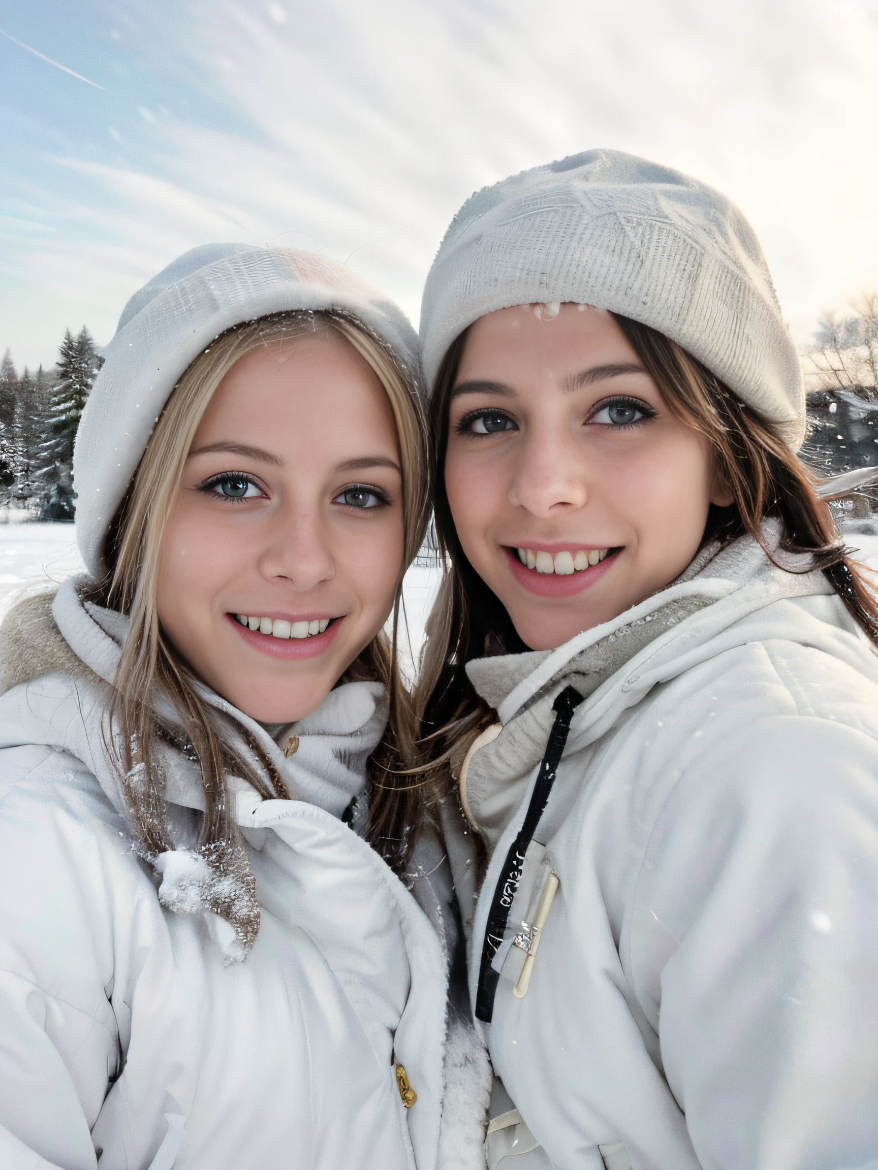 In a snow-covered field, two best friends stood side by side, their hair cascading freely, unperturbed by the wintry chill. With twinkling eyes and rosy cheeks, they raised their phones in unison to capture a joyful selfie amidst the ethereal winter scene. The pristine white snowflakes danced around them, creating a magical backdrop as they celebrated their unbreakable bond and the enchantment of the snowy season." skin texture, ultra high res, RAW, instagram LUT, masterpiece, best quality, ultra-detailed, cinematic light, side lighting, ultra high resolution, best shadow, RAW, 4k, beautiful eyes and face, beautiful  nose, beautiful eyes, avril lavigne hayley williams,