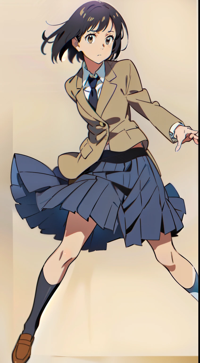 (white background:1.2), (best quality:1.2), (masterpiece:1.2), (solo:1.0), (1 cute girl:1.0), (long skirt:1.2), (dark blue skirt:1.0), (pleated skirt:1.0), (school uniform beige blazer:1.2), (dark blue necktie:1.0), (black socks:1.0), (loafers:1.0), (tall:1.0), (slender:1.0), (small breasts:1.0), (detailed beautiful eyes:1.0), (detailed beautiful face:1.0), (glowing black eyes:1.0), (short hair:1.0), (strait hair:1.0), (black hair:1.0), (dynamic pose:1.2), (wind:1.2)