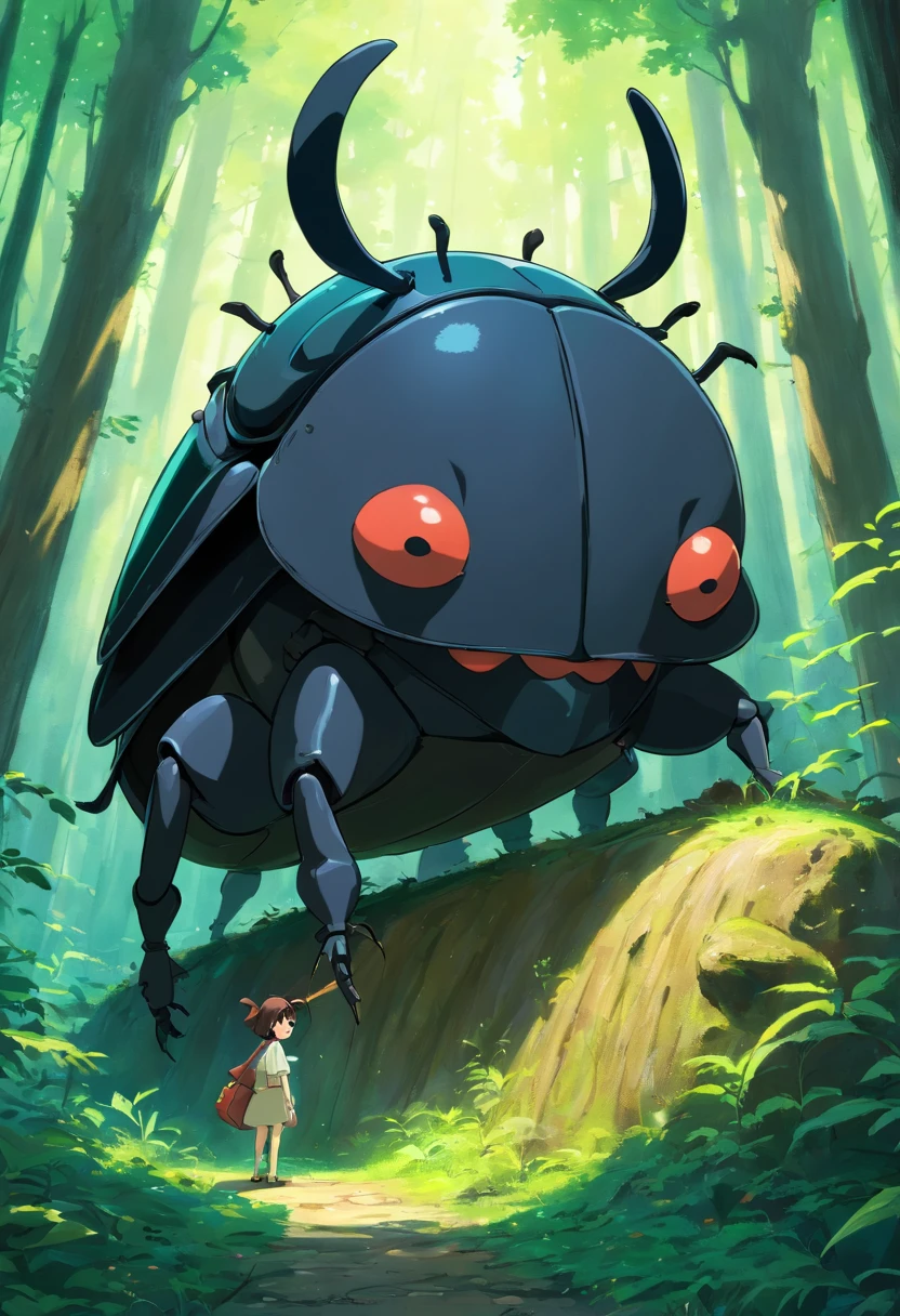 Curious black big thing in forest in 3d drawing beetle sticking out of head