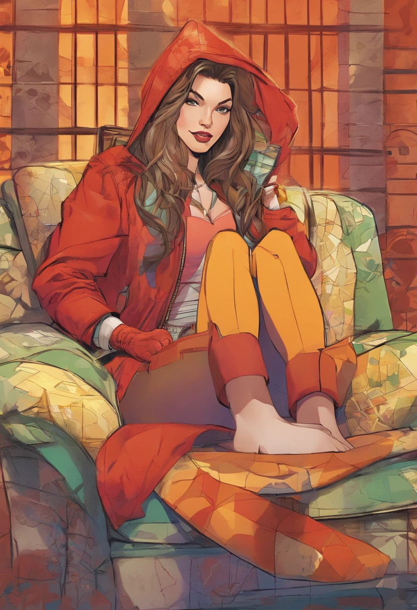 (( Painel de quadrinhos da DC)) Cartoon of a woman with long brown hair sitting on a sofa, Kate Bispo, em estilo de maravilha, ( ( Mulher-Aranha ) ), Gwen-aranha, aranha - gwen, spider - estilo de arte verso, Gwen Stacy, No estilo da Marvel e DC, Mulher Aranha, arte do perfil do personagem, inspirado por Mary Jane Begin, Estilo Marvel, no estilo artgerm