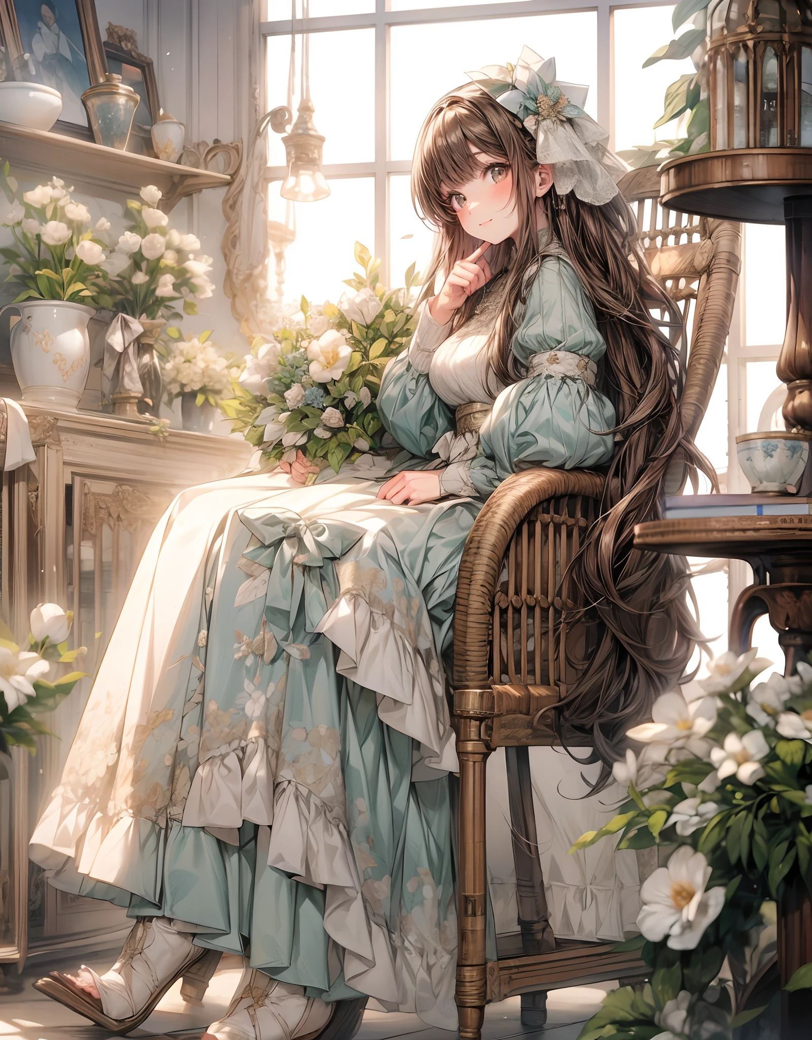 flower shop owner, beautiful female, kind, long dark brown hair, loose braid, happy,brown and white long dress, sitting on the chair with flower bouquets, cozy room, cottage, fantasy 00, --s 2