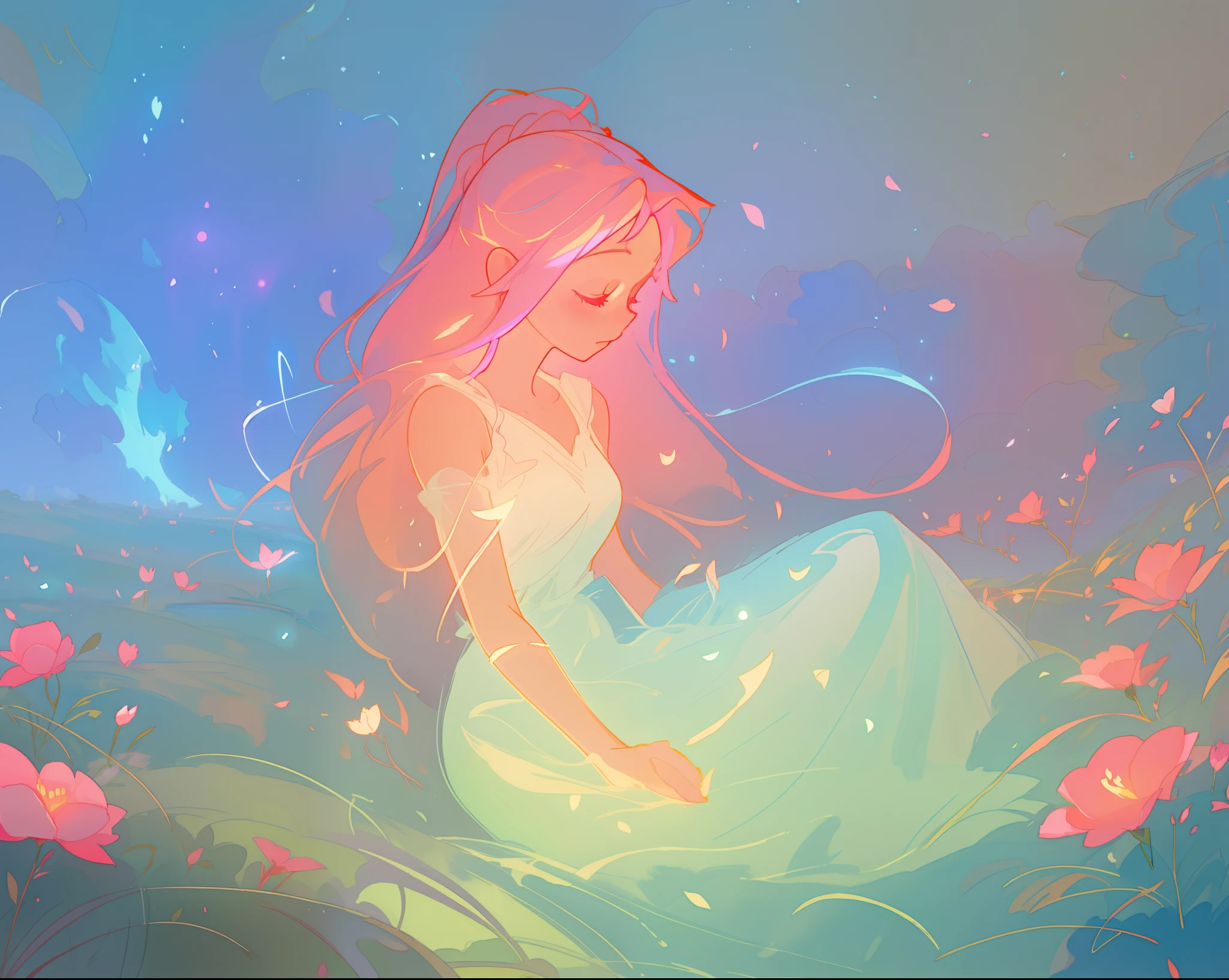 beautiful girl in white dress, fairy dress, beautiful girl sitting in a field with pink red flowers, glowing lights, whimsical landscape, long pink flowing hair, watercolor illustration, inspired by Glen Keane, inspired by Lois van Baarle, disney art style, by Lois van Baarle, glowing aura around her, by Glen Keane, jen bartel, glowing lights! digital painting, flowing glowing hair, glowing flowing hair, beautiful digital illustration, fantasia otherworldly landscape plants flowers, beautiful, masterpiece, best quality, anime disney style