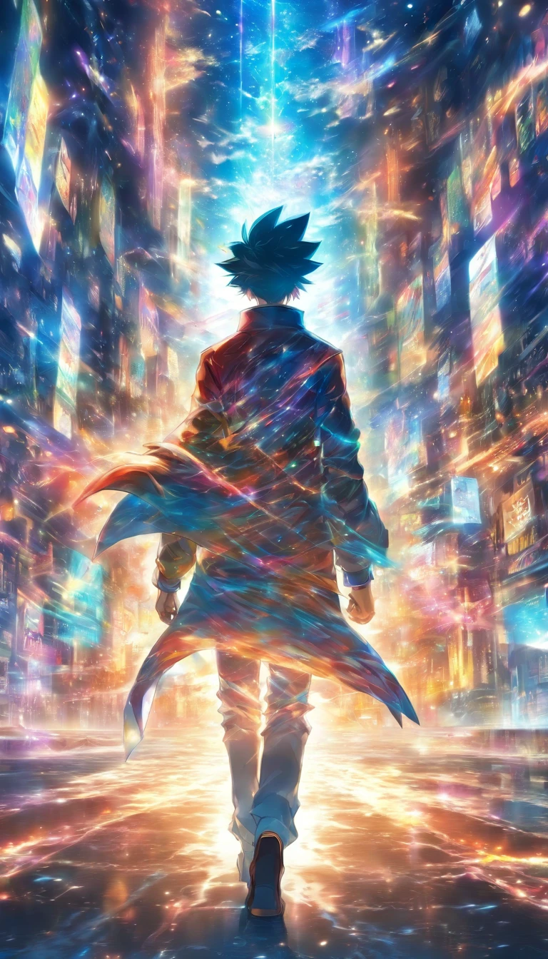 The road ahead . Students . A large, colorful light source. A young man walking, moving toward the future. Back view, face not visible , high quality to the last detail. Fantastic landscape . People large .