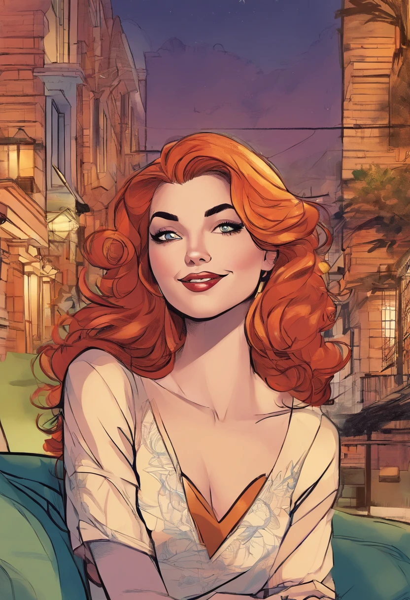 (( Painel de quadrinhos da DC)) Cartoon of a woman with long brown hair sitting on a sofa, Kate Bispo, em estilo de maravilha, ( ( Mulher-Aranha ) ), Gwen-aranha, aranha - gwen, spider - estilo de arte verso, Gwen Stacy, No estilo da Marvel e DC, Mulher Aranha, arte do perfil do personagem, inspirado por Mary Jane Begin, Estilo Marvel, no estilo artgerm