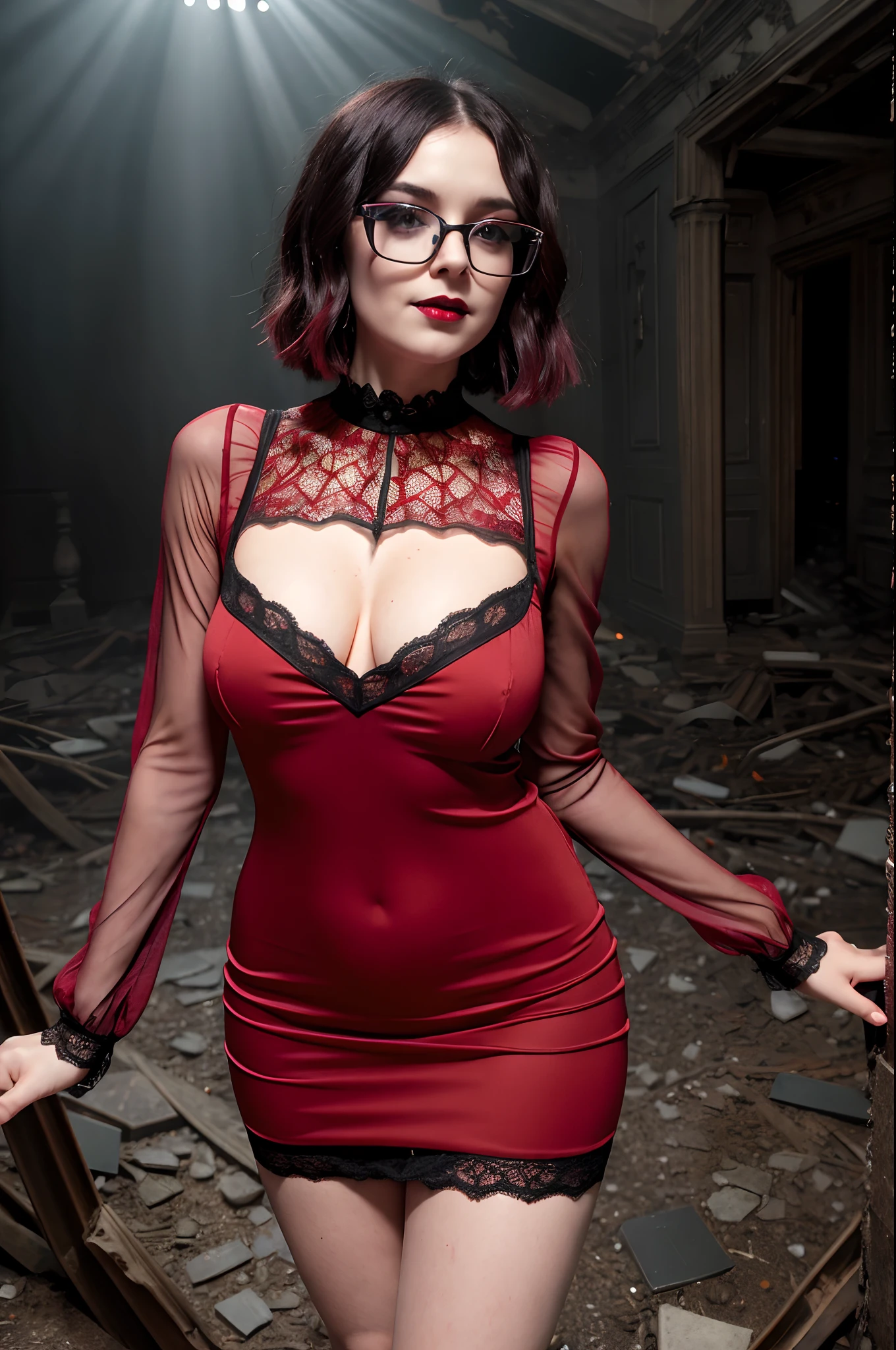 A photo of a young, nerdy woman. (looking at the viewer:1.4). (short dark hair:1.3), (slender), (black lips:1.4), flirting with the camera. square glasses. choker, makeuate goth jewelry:1.2), smiling. (dyed hair, red hair color:1). (large (abandoned) gothic haunted manor house:1.3), (fog indoors:1.4), lamplight, (dramatic detailed layered background), (light rays:1.3), chandelier, (cobwebs:1.3), (dust). ((ornate:1.4) short elegant plunging tight silk and lace (red:1.4) (sleeved:0.5) halterneck dress)