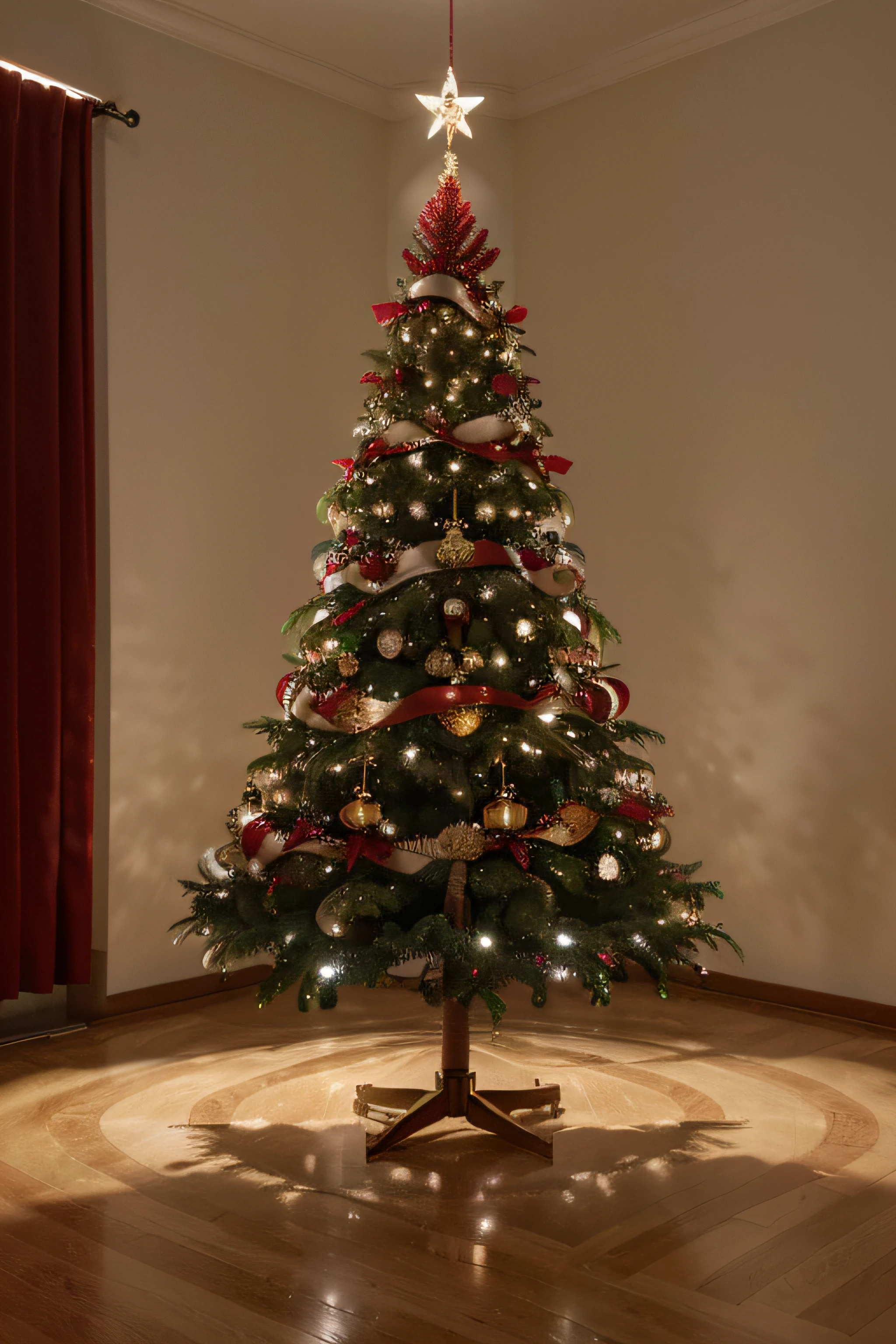 (natal), 1 arvore de natal, (presentes), ((fundo vermelho)), foto realista, 16k, alta resolução, decorated and with a shining star in the cinematic,  studio illumination, advertising photography ((melhor qualidade, altos detalhes: 1.5), UHD, obra-prima