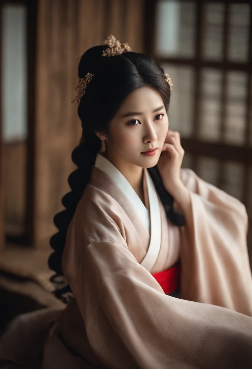 Ancient Korean Girl, hair light,, Slightly curled, Realistic facial features, Hanbok，hiquality，big breasts are beautiful，tmasterpiece，The best quality at its best