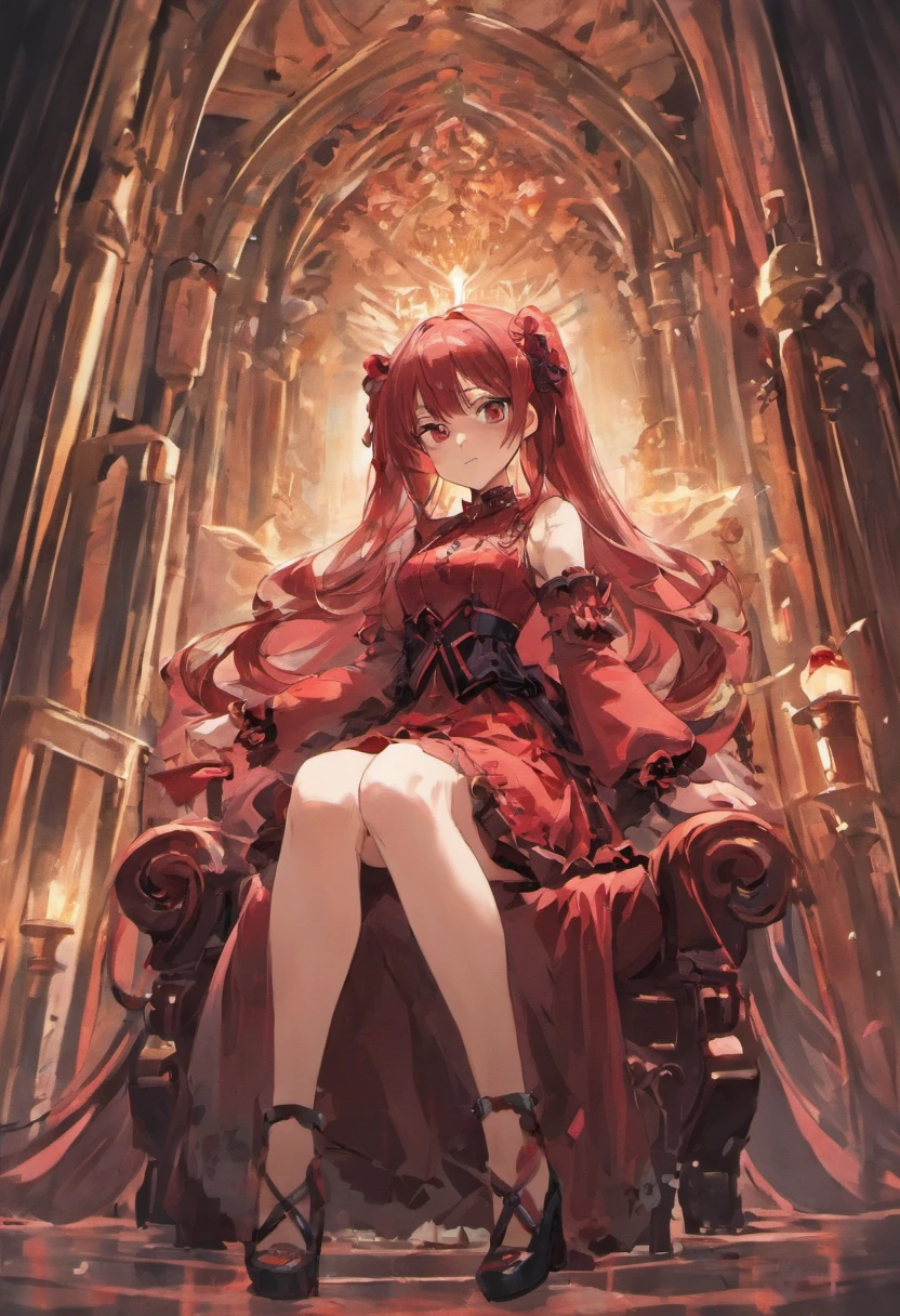 Long hair that reaches to the waist.Gothic lolita.Clothing in red tones.teens girl.Sauce order.sitting in a throne.kawaii