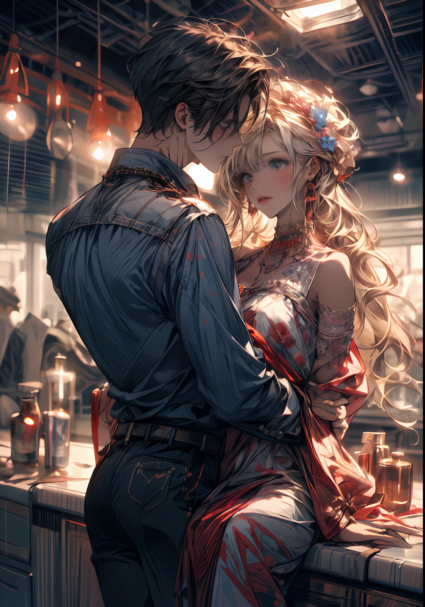 ((absurdres, higher, ultra HD)) 1 male, 1 female,mature, kissing each other, girl is sit on the wash basin, guy is front of her slightly bend towards her, man is shirtless, wearing blue jeans ,woman wearing beautiful pink dress, wisteria flower around them, beautiful, scenary, romantic,((calm and romantic expression:1.2)) ,pixiv, digital painting, mascular man, beautiful elegant woman, (gray stylish hair for man), (brown long hair for woman)