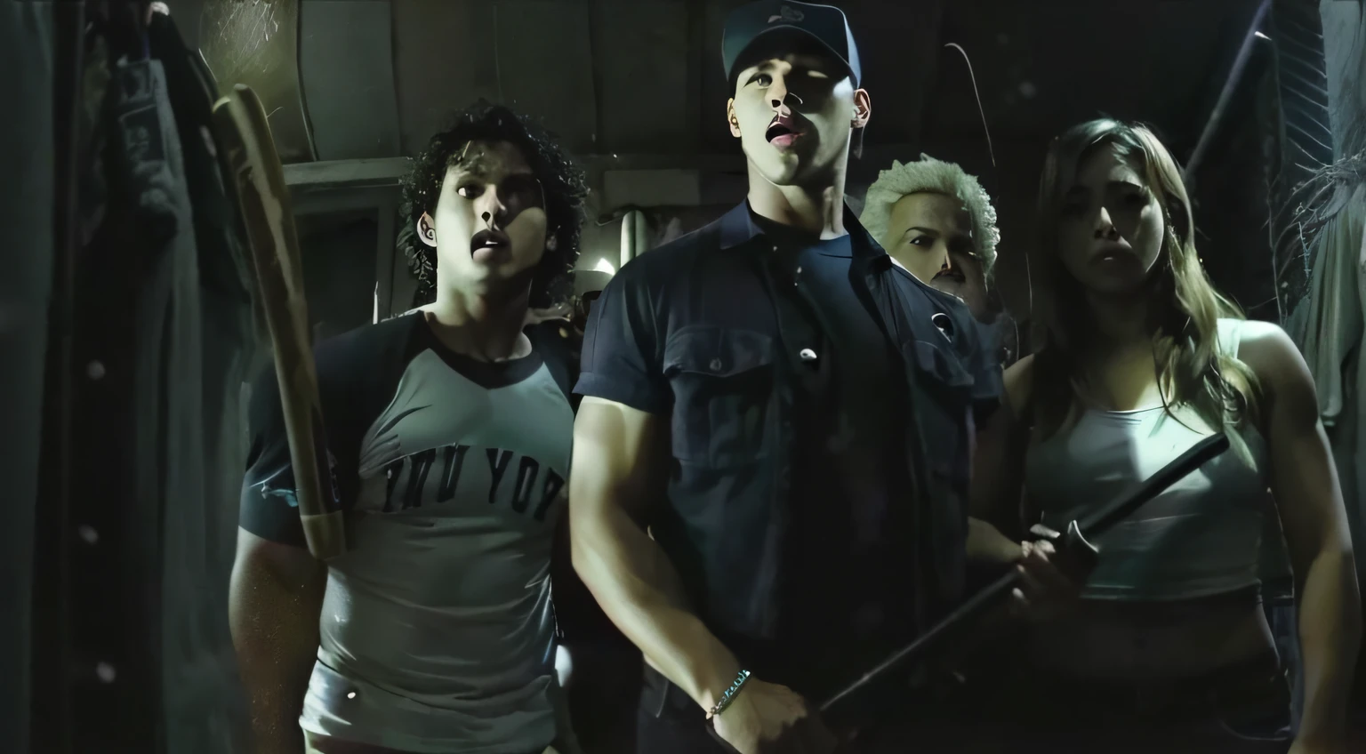 Group of people standing in a room with a baseball bat, Screencap do filme, ainda de um filme live action, cena do filme live action, ainda do filme viu, captura de tela do filme, Jayson Tatum como Guerilla Heroica, filme ainda filme dnd, filme ainda dnd, captura de tela do filme, captura de tela de um filme, ainda filmado do filme
