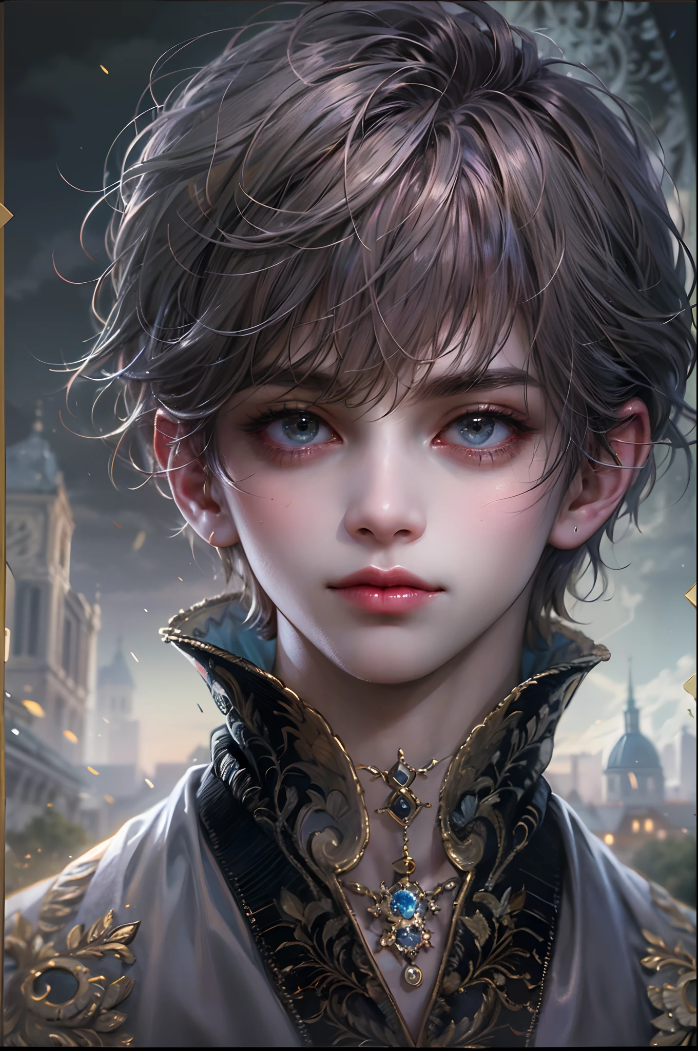 (absurdres, highres, ultra detailed, HDR), masterpiece, best quality, A boy character from Twilight saga movie, handsome boy, a vampire, young boy, big anime eyes, detailed hair ornament, detailed scenery, detailed clothes