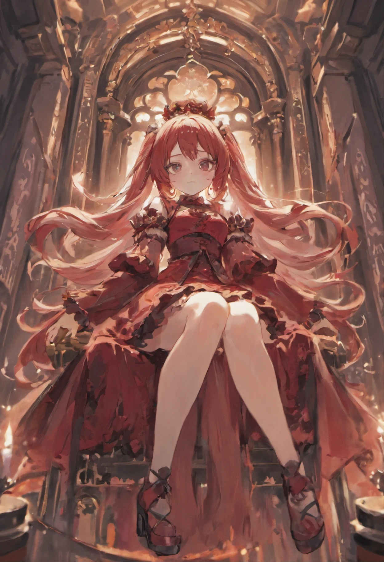 Long hair that reaches to the waist.Gothic lolita.Clothing in red tones.teens girl.Sauce order.sitting in a throne.kawaii