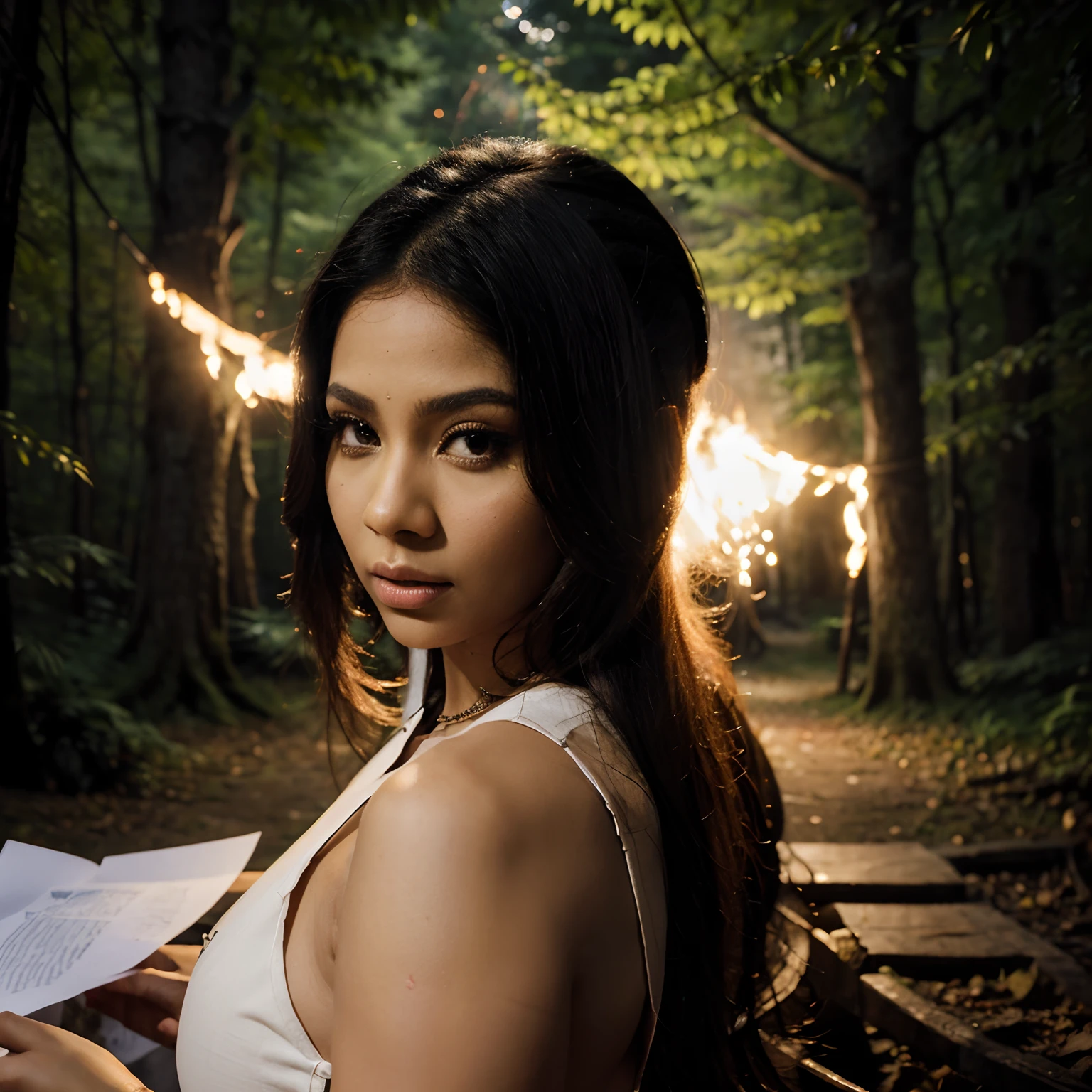 Sheet of paper with nicki minaj on it that burns in a night atmosphere in the forest all this of realistic quality
