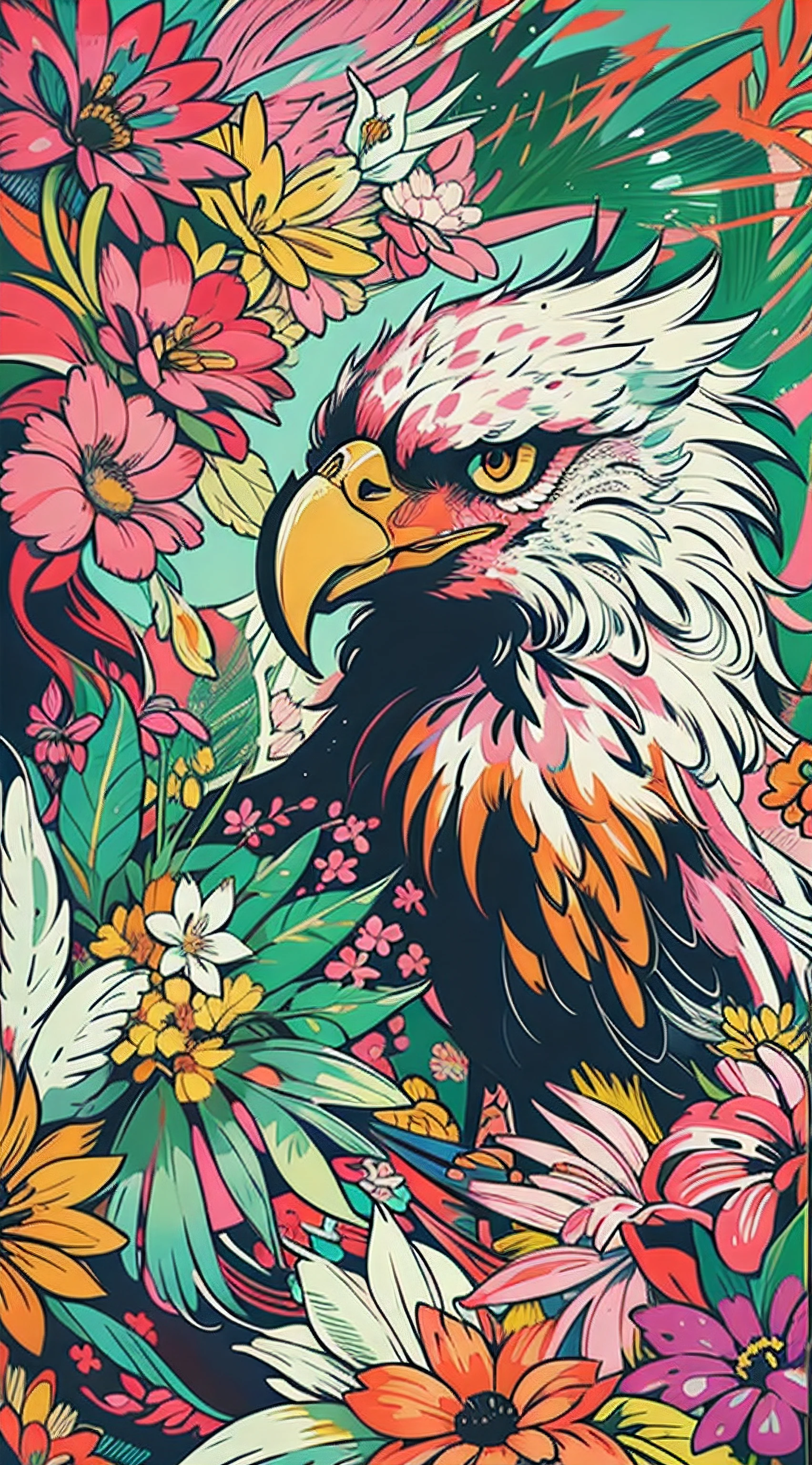Create digital artwork in the Pop Art style, Featuring a vibrant and confident eagle,street fashion, Movie color scheme, Surrounded by vintage flower motifs, Vibrant brushstrokes,Emotions should be dynamic, Upper body, Drawing, illustration, escala cinza, tropical, Many flowers,
