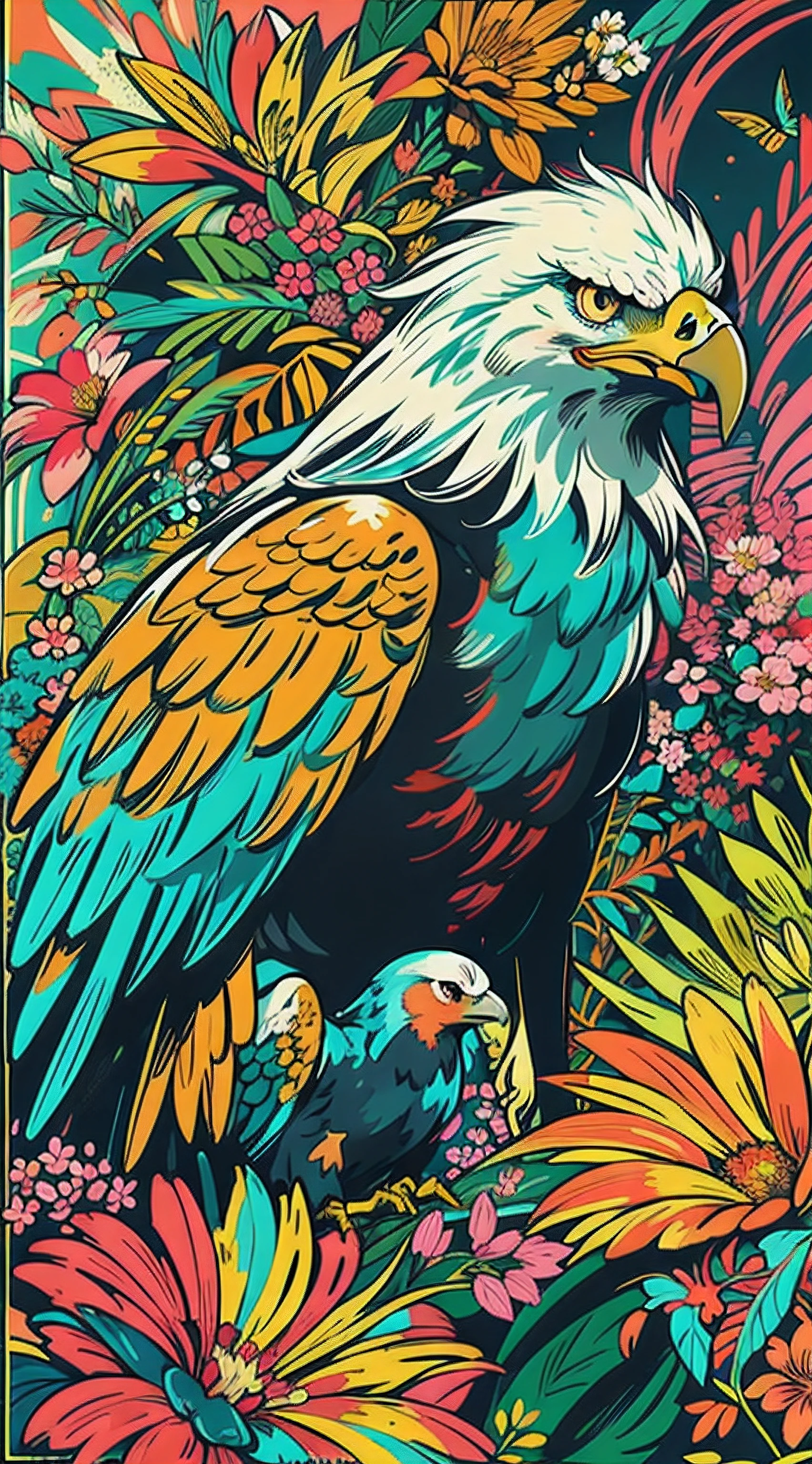 Create digital artwork in the Pop Art style, Featuring a vibrant and confident eagle,street fashion, Movie color scheme, Surrounded by vintage flower motifs, Vibrant brushstrokes,Emotions should be dynamic, Upper body, Drawing, illustration, escala cinza, tropical, Many flowers,