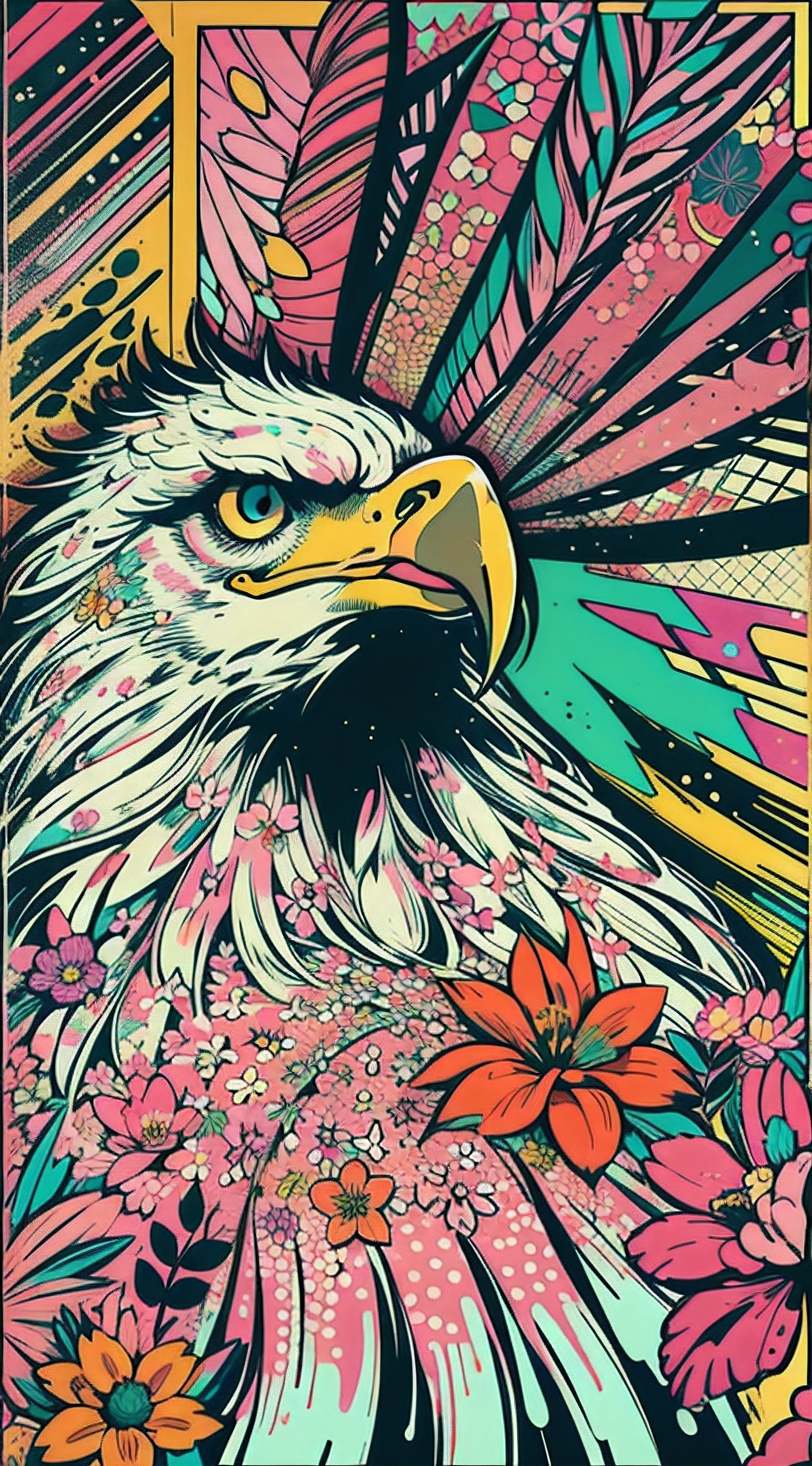 Create digital artwork in the Pop Art style, Featuring a vibrant and confident eagle,street fashion, Movie color scheme, Surrounded by vintage flower motifs, Vibrant brushstrokes,Emotions should be dynamic, Upper body, Drawing, illustration, escala cinza, tropical, Many flowers,