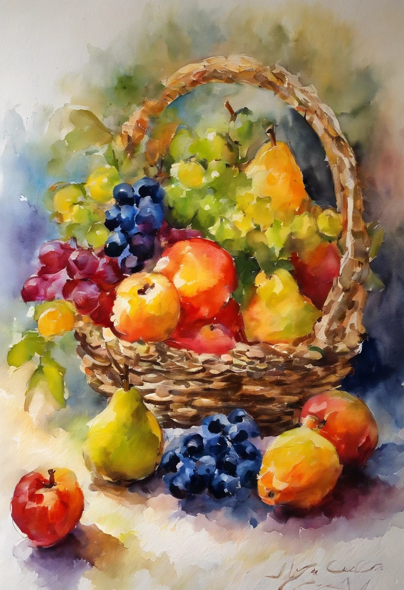 uma cesta com frutas dentro, arte em aquarela, fundo branco, centralizado,
