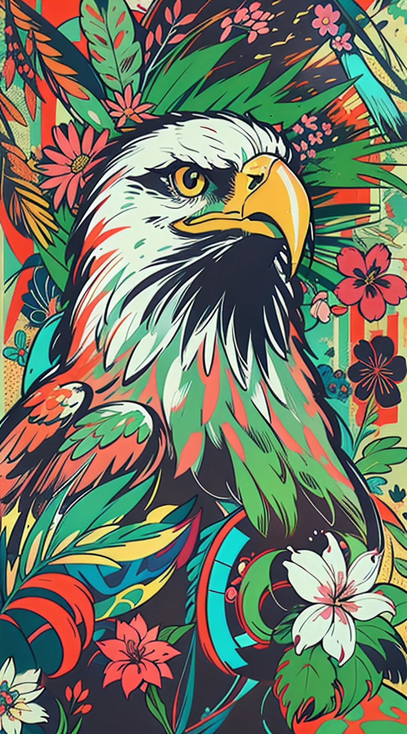 Create digital artwork in the Pop Art style, Featuring a vibrant and confident eagle,street fashion, Movie color scheme, Surrounded by vintage flower motifs, Vibrant brushstrokes,Emotions should be dynamic, Upper body, Drawing, illustration, escala cinza, tropical, Many flowers,