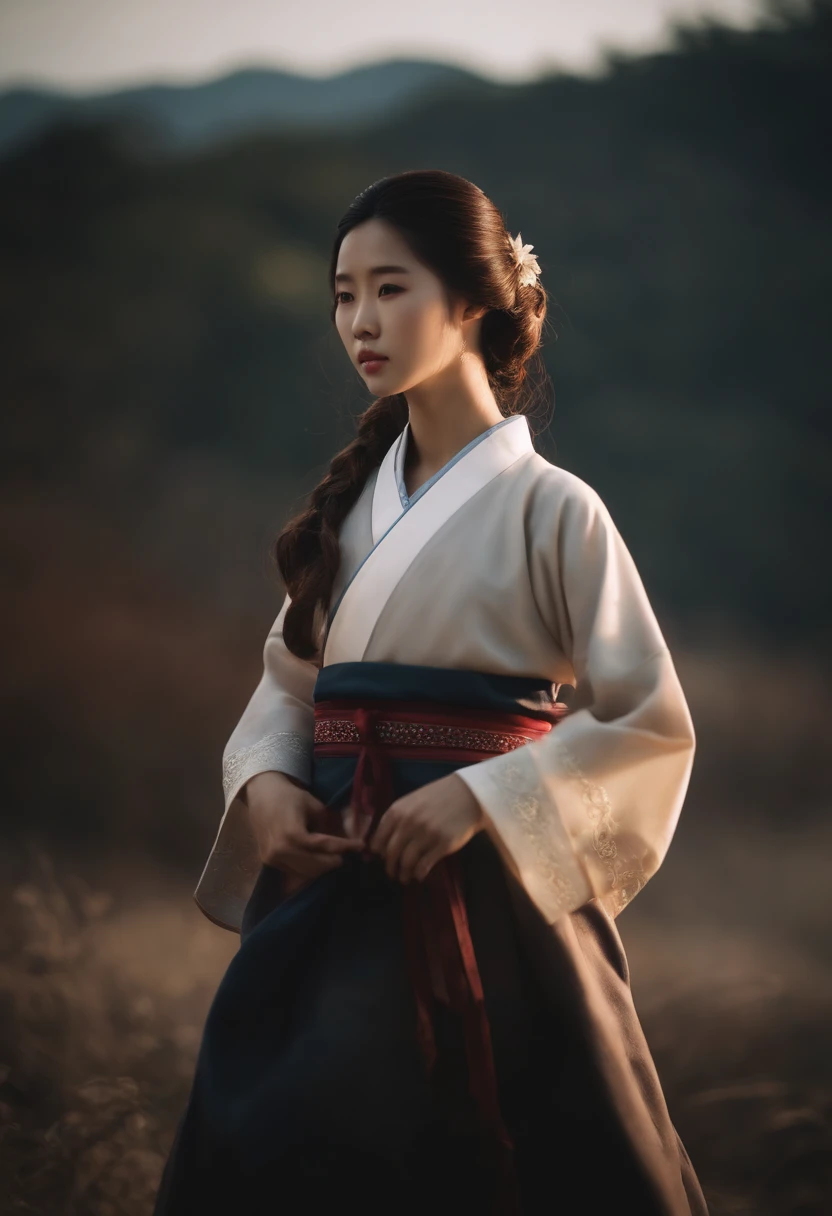 korean girl, hair light,, Slightly curled, Realistic facial features, National Hanbok，hiquality，tmasterpiece，The best quality at its best